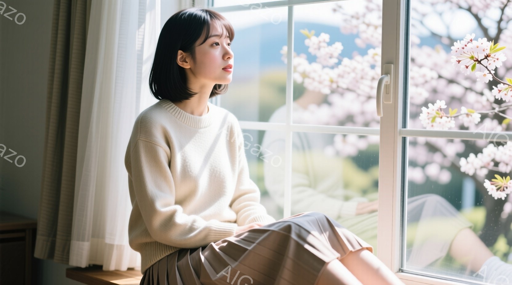 明るい窓辺に座る女性が写っている。オフホワイトのセーターと、淡いピンクがかったベージュのプリーツスカートを身につけ、黒髪のショートボブは肩にかかる程度。彼女は遠くを見つめ、どこか物思いにふけっているような表情をしている。