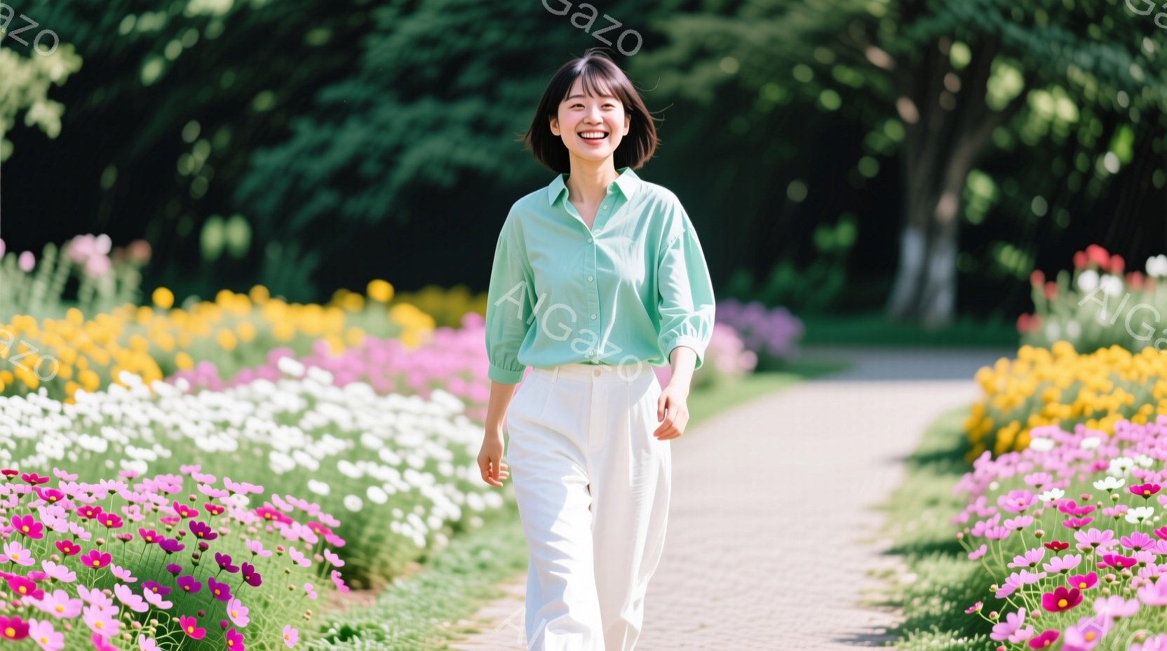明るい緑色のシャツと白のパンツを身につけた女性が、花畑の中の道を歩いている。彼女は微笑んでおり、リラックスした雰囲気で、自然の中で楽しんでいる様子が伺える。背景には様々な色の花が咲き乱れ、晴れた日の穏やかな光が差し込んでいる。