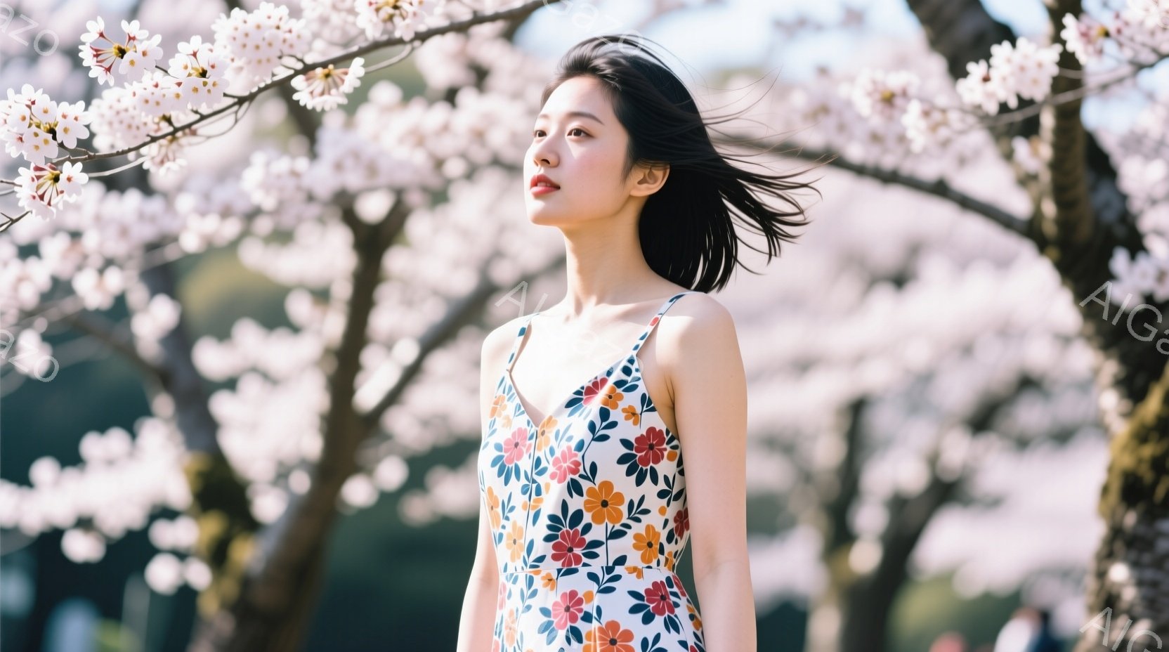 鮮やかなピンク色の桜の花びらが舞う中で、女性が青い花柄のワンピースを着て立っている。彼女は長い黒髪を風になびかせ、少し上を見上げて穏やかな表情を浮かべている。背景にはぼやけた緑の木々と桜並木が広がり、春の暖かく優しい雰囲気を醸し出している。