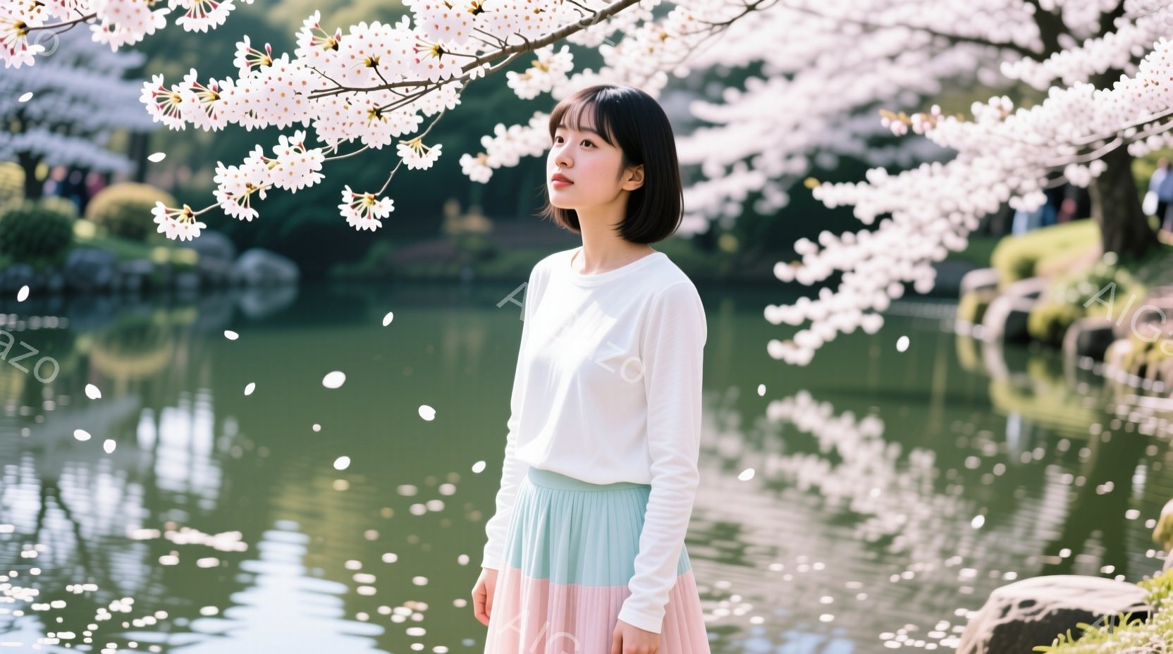 若い女性が桜並木の近くに立っており、白い長袖シャツと、水色とピンクのブロック状のスカートを着用しています。彼女は横顔で、少し憂いを帯びた表情をしており、穏やかな視線を遠くに向けています。背景には、水面に反射する桜と緑豊かな木々が見え、春の穏やかな一日を描写しています。