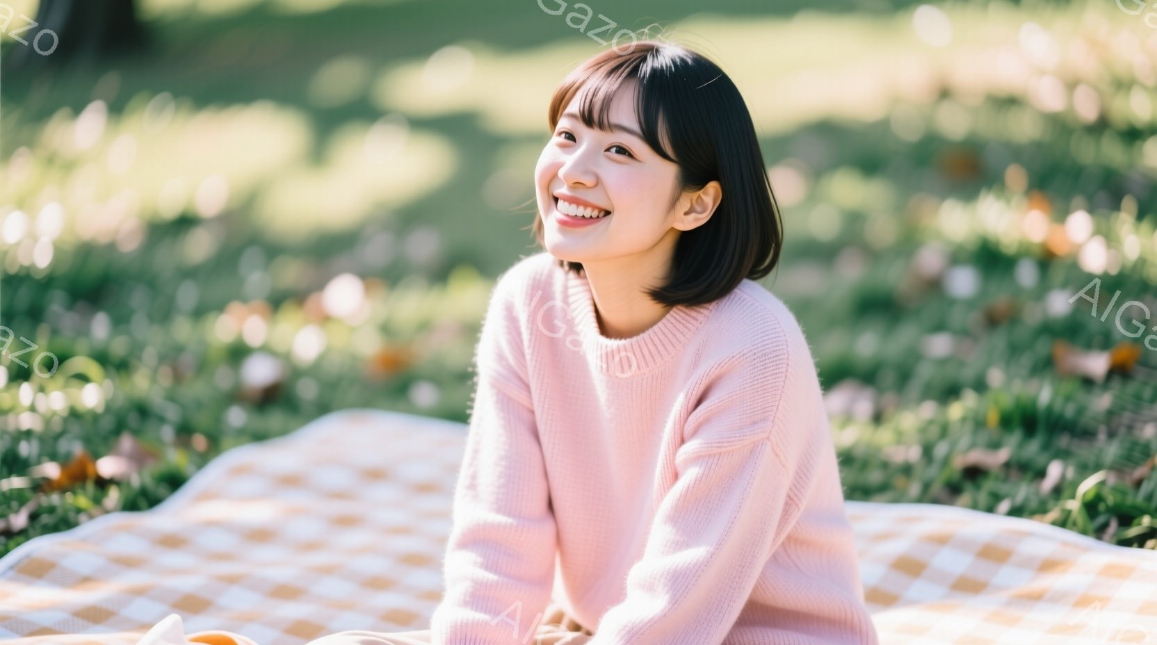 若い女性が芝生の上に座り、微笑んでいます。彼女はピンク色のセーターを着ており、前髪のあるショートヘアです。背景には緑豊かな草地が広がり、暖かい日差しが降り注ぎ、穏やかでリラックスした雰囲気が漂っています。