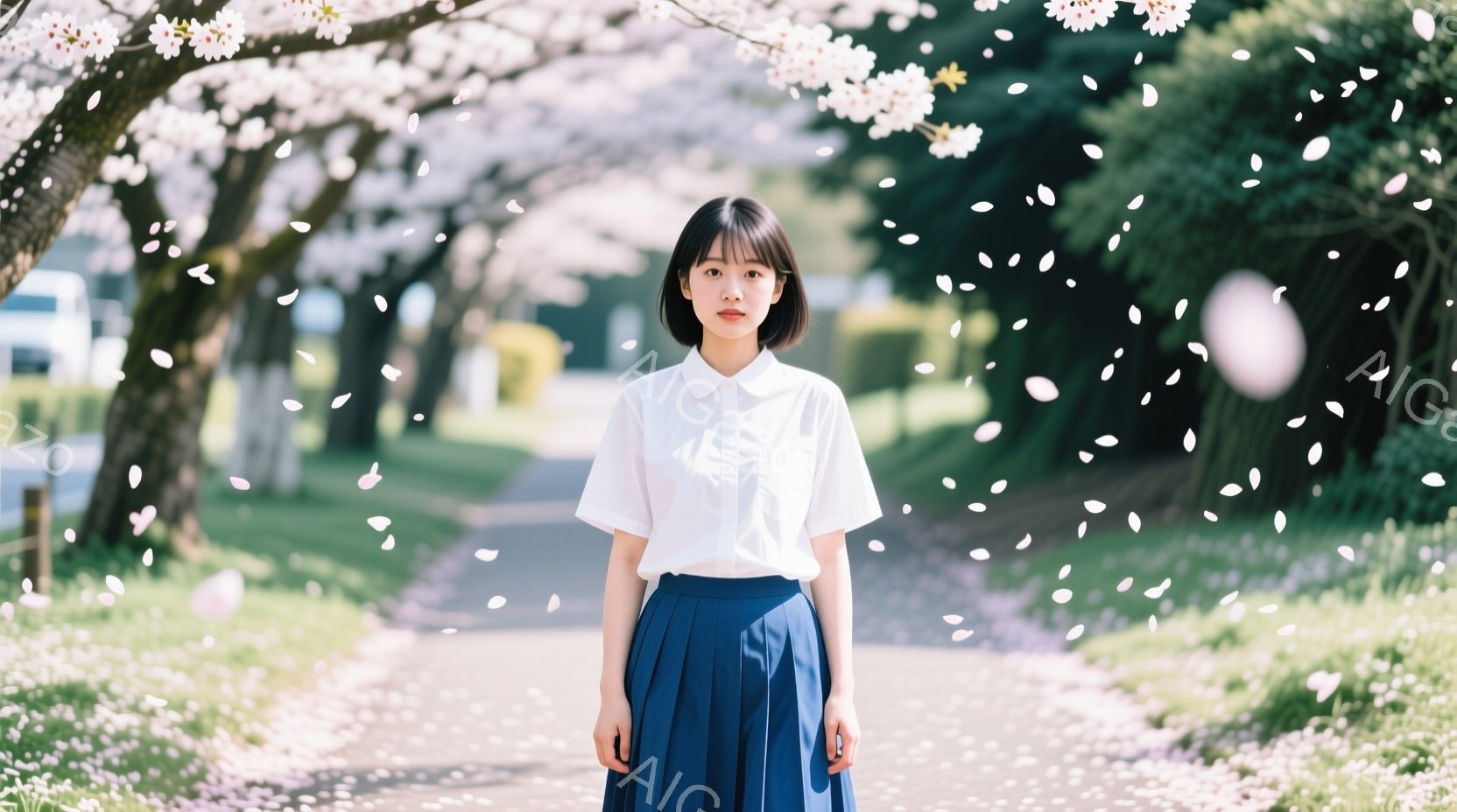 画像には、桜の花びらが舞う遊歩道に立つ若い女性がいます。彼女は白いシャツに濃い青色のプリーツスカートを着用し、前髪を少し長めに残したダークブラウンのボブヘアです。表情は穏やかで、両腕は体の横に自然に置いており、春の暖かく穏やかな雰囲気が漂っています。