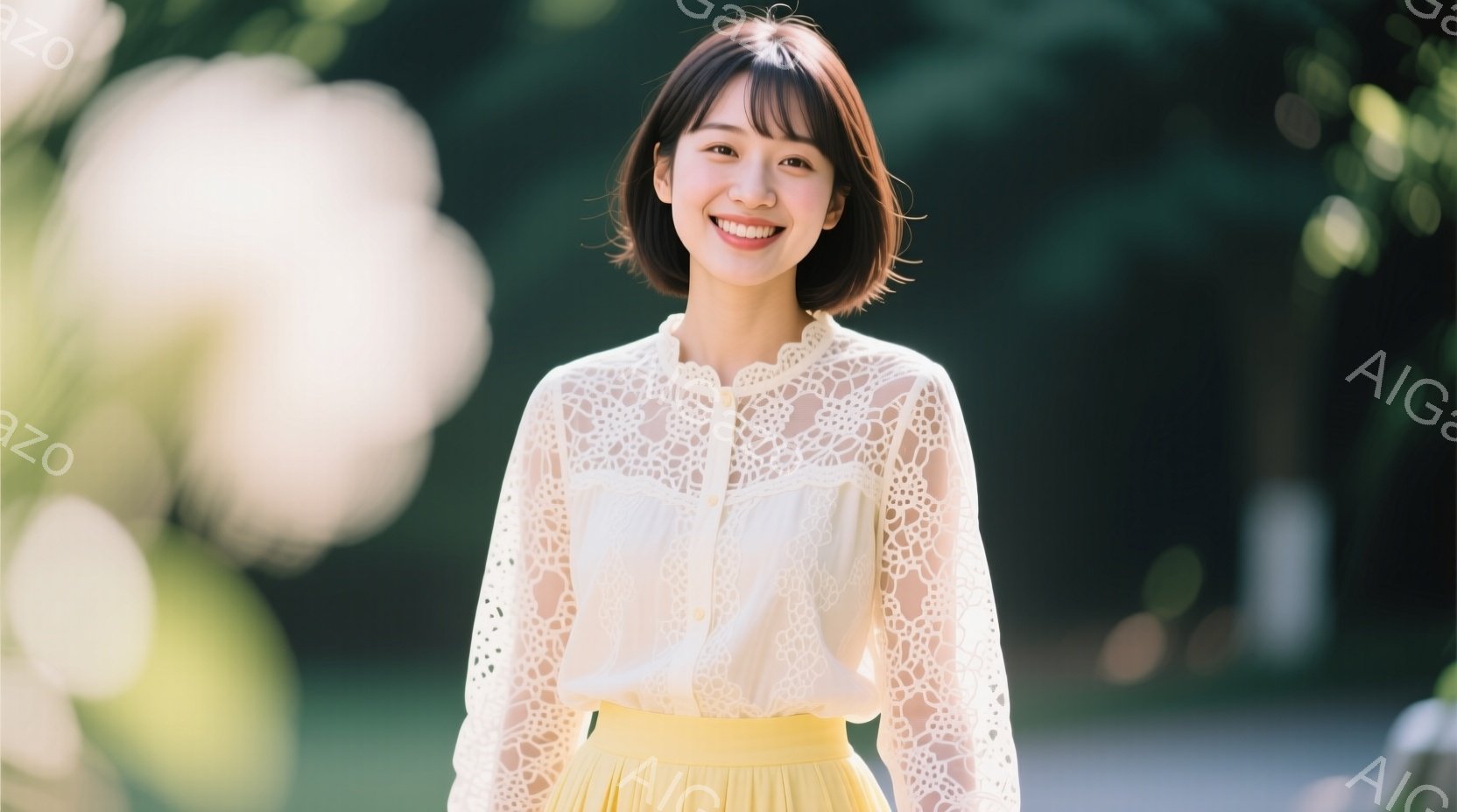 若い女性が、オフホワイトのレースのブラウスと明るい黄色のスカートを身につけ、微笑んでいます。彼女は肩を少し落としたリラックスした姿勢で、髪は肩のあたりで切り揃えられたボブスタイルです。背景は緑豊かな木々とぼやけた白い花で、屋外の晴れた日の穏やかな雰囲気を醸し出しています。