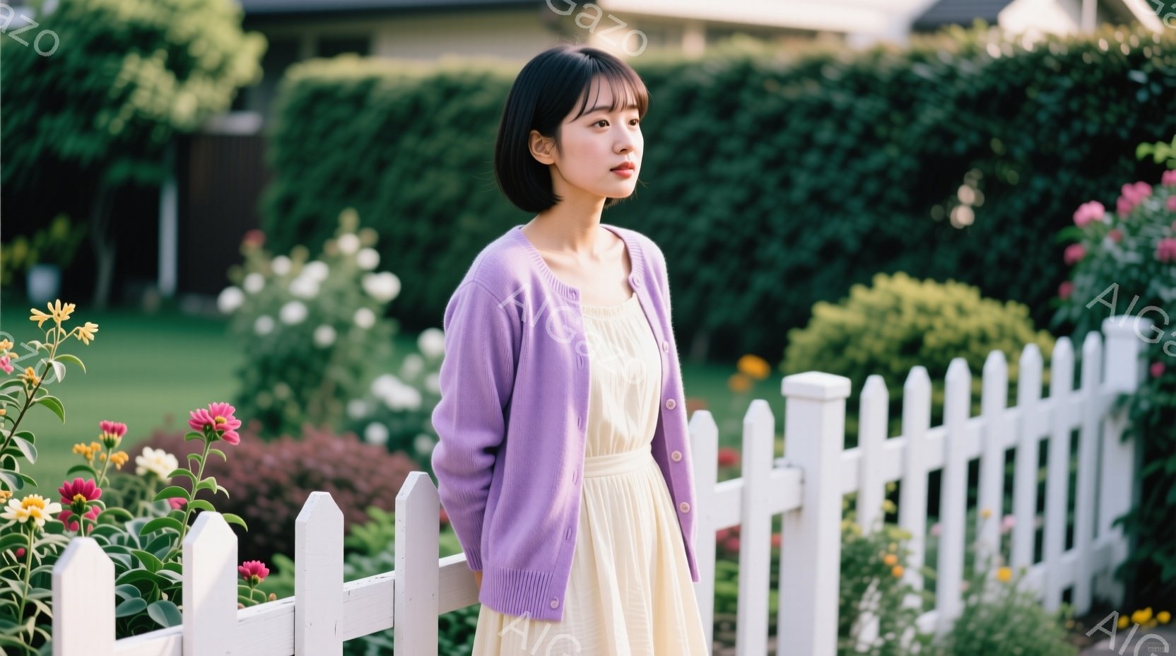 少女はオフホワイトのワンピースに薄紫色のカーディガンを羽織り、黒髪を肩にかかる長さに切り揃えています。彼女は白い柵にもたれかかり、少し物憂げな表情で遠くを見つめています。背景には緑豊かな庭と、ぼやけた住宅が見え、穏やかで優しい雰囲気が漂っています。