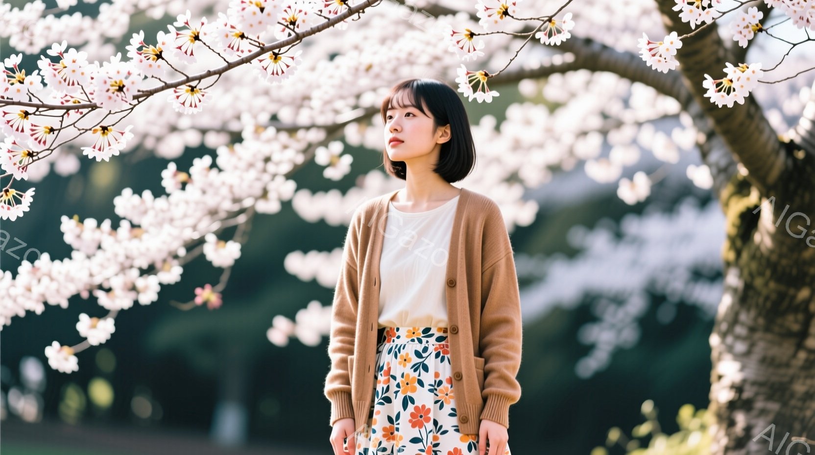 若い女性が、花柄のスカートとベージュのカーディガンを着て立っています。彼女は暗い髪を肩の長さで切り揃え、少し上を見上げています。背景には、満開の桜の木があり、柔らかい光が降り注ぎ、春の穏やかな雰囲気を醸し出しています。