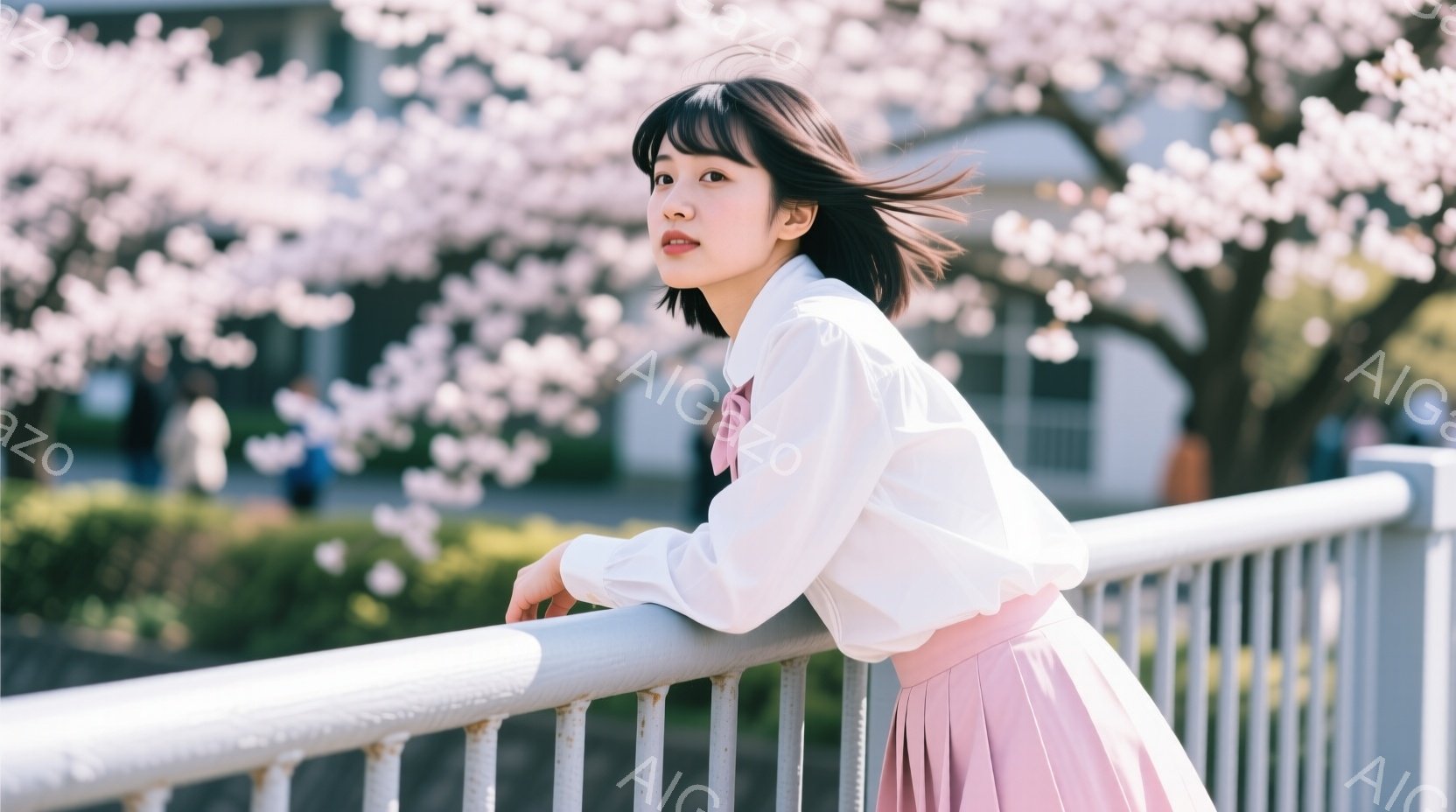 若い女性が、白いブラウスとピンク色のプリーツスカートを着て、金属製の柵にもたれかかっている。彼女は黒髪で前髪が少し横に流れており、穏やかな表情で正面を見ている。背景には桜並木が咲き乱れ、春の暖かい日差 - AI生成フリー素材