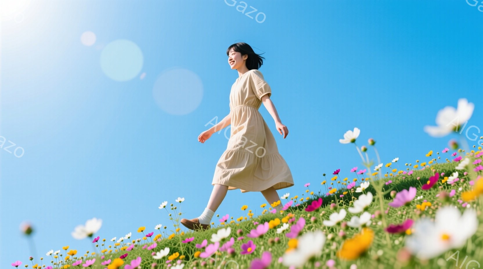 淡い茶色のワンピースを着た女性が、花畑の中を歩いている様子が写っている。彼女は髪を後ろでまとめ、顔には穏やかな笑顔が浮かんでいる。背景には青空が広がり、鮮やかなピンク、白、黄色の花々が咲き乱れており、 - AI生成フリー素材