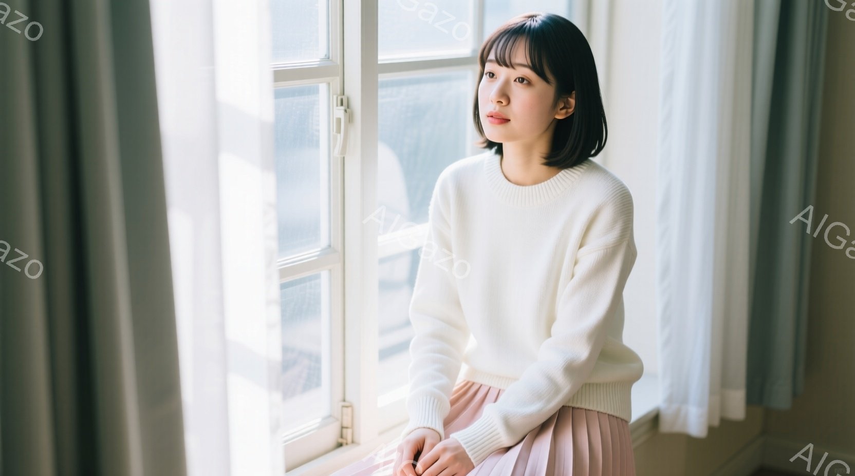 短い茶色の髪の女性が、白いセーターと薄いピンクのスカートを着て窓際に座っている。彼女は少し物憂げな表情で遠くを見つめ、リラックスした姿勢で両膝を揃えている。窓の外にはぼやけた建物が見え、部屋全体が柔らかい光に包まれて穏やかな雰囲気を醸し出している。