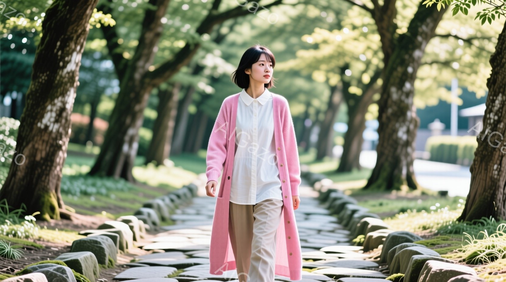 長いピンク色のカーディガンと白いシャツ、ベージュ色のパンツを着用した女性が、石畳の道を歩いている。彼女は黒髪のショートボブで、少し微笑んでいる表情で、リラックスした姿勢で前を見ている。背景には緑豊かな - AI生成フリー素材