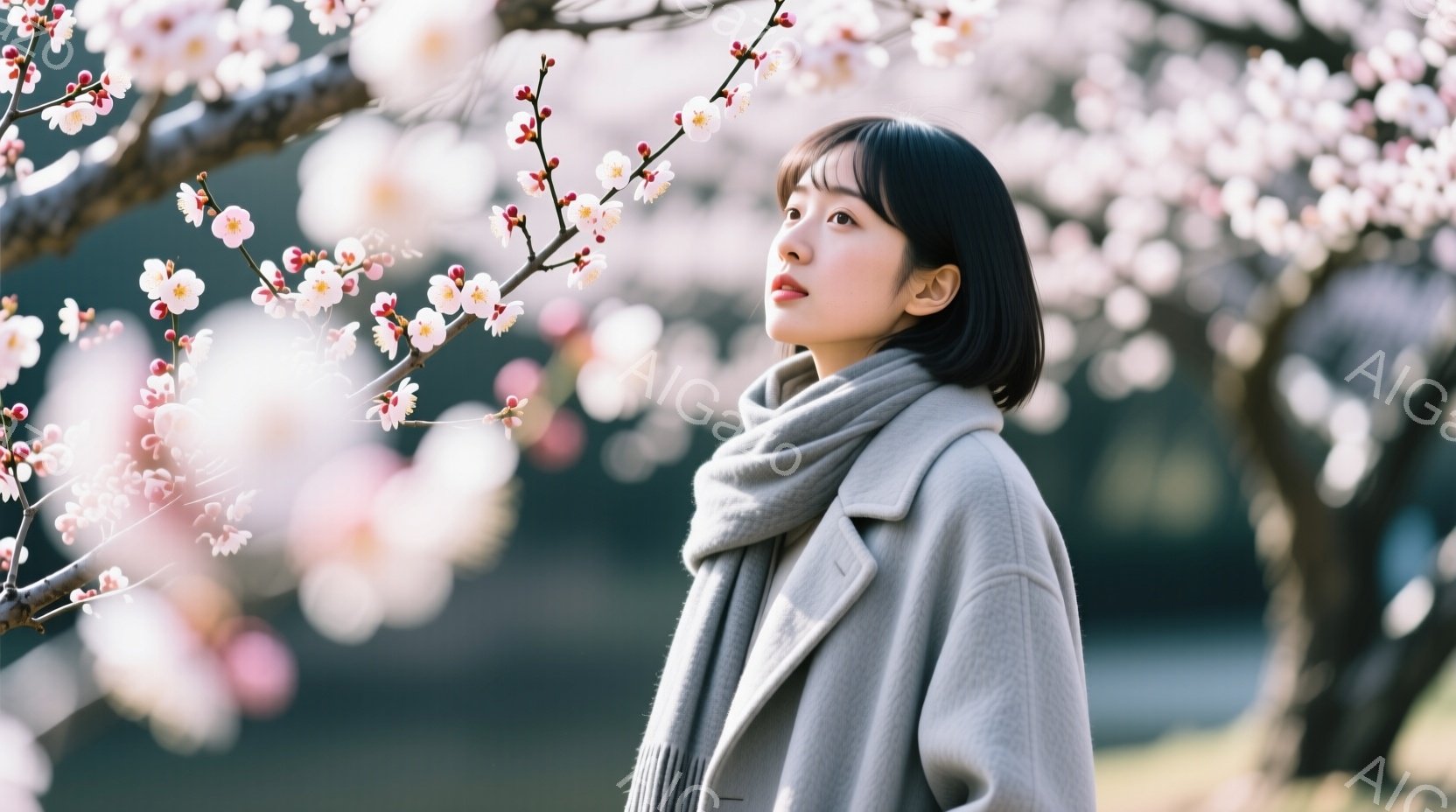 ショートカットの女性が、薄灰色のコートとマフラーを身に着け、少し上を見つめている。背景には、ピンク色の花が咲き乱れる桜の木があり、春の暖かな日差しが差し込んでいる。全体的に穏やかで、春の訪れを感じさせる雰囲気である。