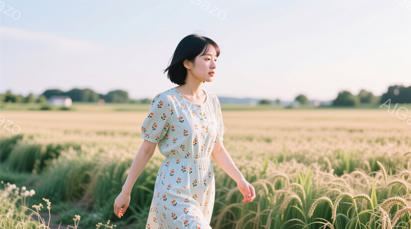 金色の麦畑を、クリーム色の小さな花柄のワンピースを着た女性が歩いている。彼女は黒髪のショートボブで、少し憂いを帯びた表情で遠くを見つめている。背景には、緑の木々と遠くに見える建物があり、穏やかで牧歌的な雰囲気が漂っている。