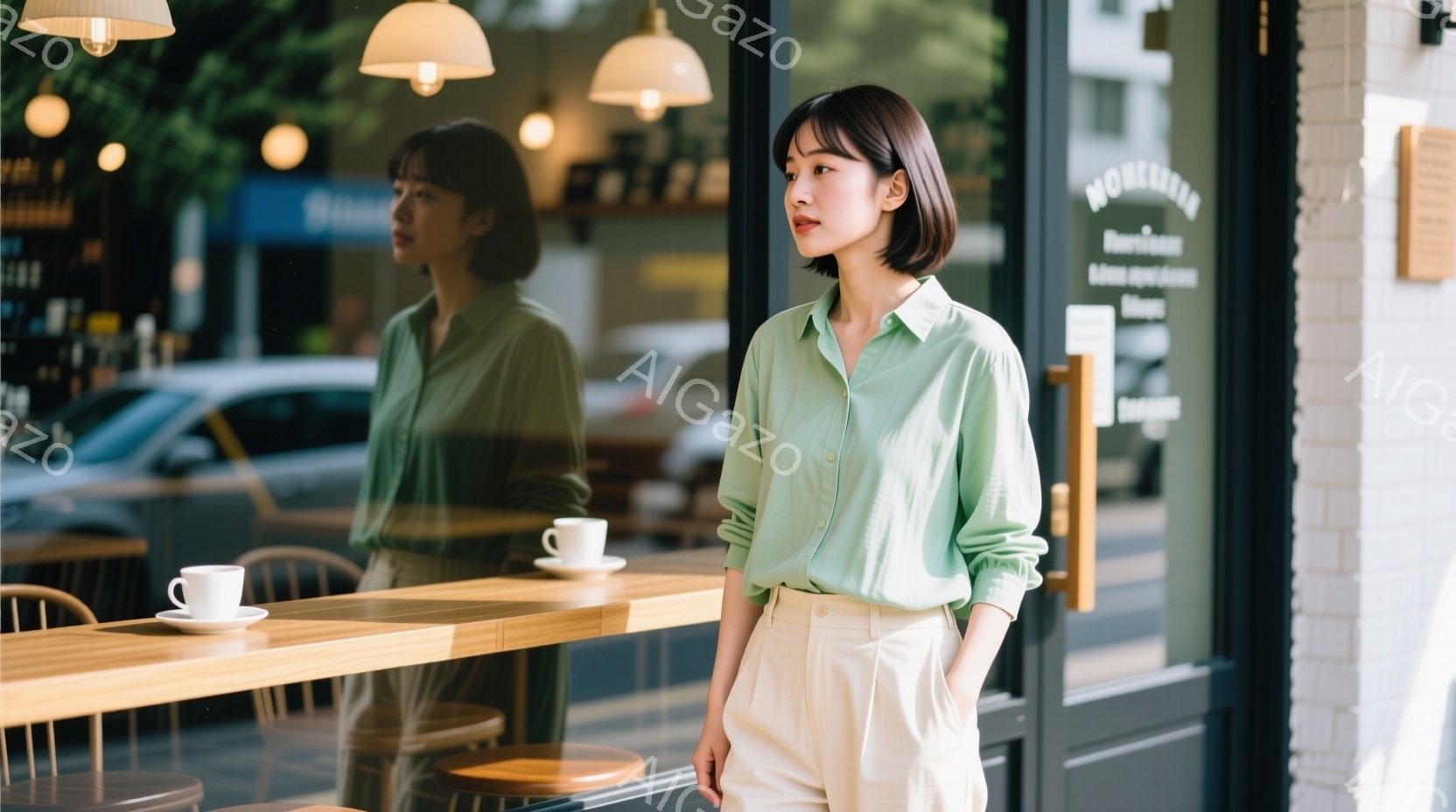 若い女性が、明るい緑色のシャツとオフホワイトのパンツを身につけ、片手をポケットに入れた姿勢で立っている。彼女は短いボブヘアで、少し憂いを帯びた表情で外を見つめている。背景にはカフェの窓とテーブル、そして街並みがぼやけて見え、穏やかで少し寂しげな雰囲気が漂っている。