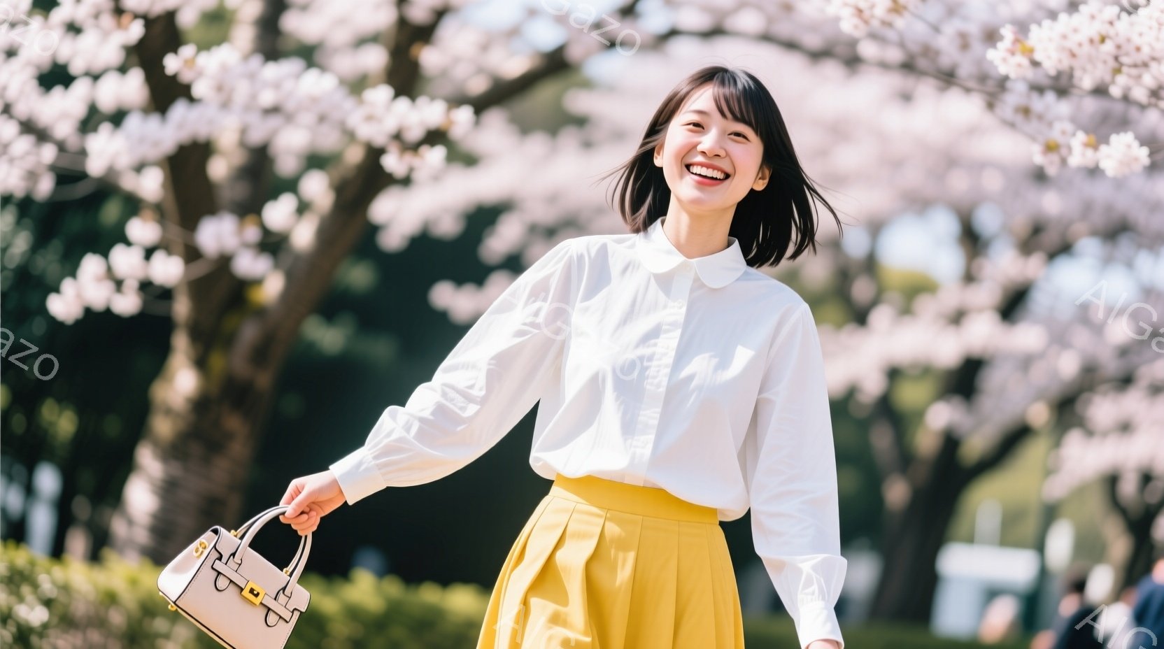 明るい日差しの下、女性が満開の桜並木の道を歩いている。白いブラウスと黄色いフレアスカートを身につけ、顔には満面の笑みがこぼれている。彼女はクリーム色のハンドバッグを持っており、表情や服装から春の訪れを - AI生成フリー素材
