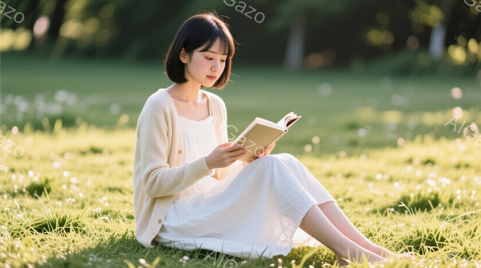 白いカーディガンとワンピースを着た若い女性が、緑の草の上に座って本を読んでいます。彼女は足を組んで座っており、穏やかな表情で読書に集中しています。背景には緑豊かな木々があり、柔らかい光が差し込み、平和でリラックスした雰囲気を作り出しています。
