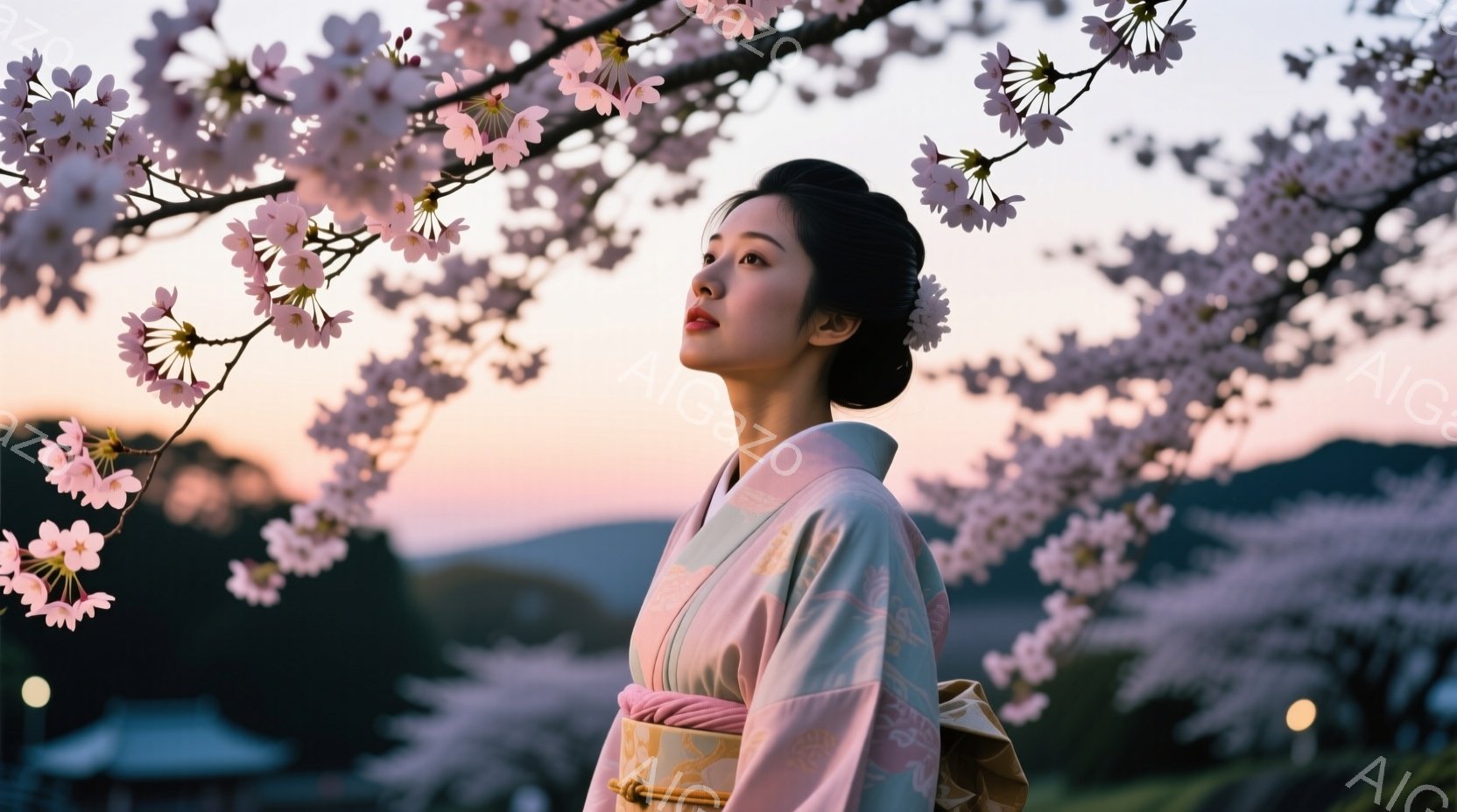 薄緑色の美しい着物を身につけた女性が、桜並木の風景の中で横顔を見せている。髪はきっちりとまとめられ、上品な印象を与え、顔立ちは優しく、どこか物憂げな表情をしている。背景には、ぼやけた桜並木と夕焼けの空が広がり、穏やかで幻想的な雰囲気を醸し出している。