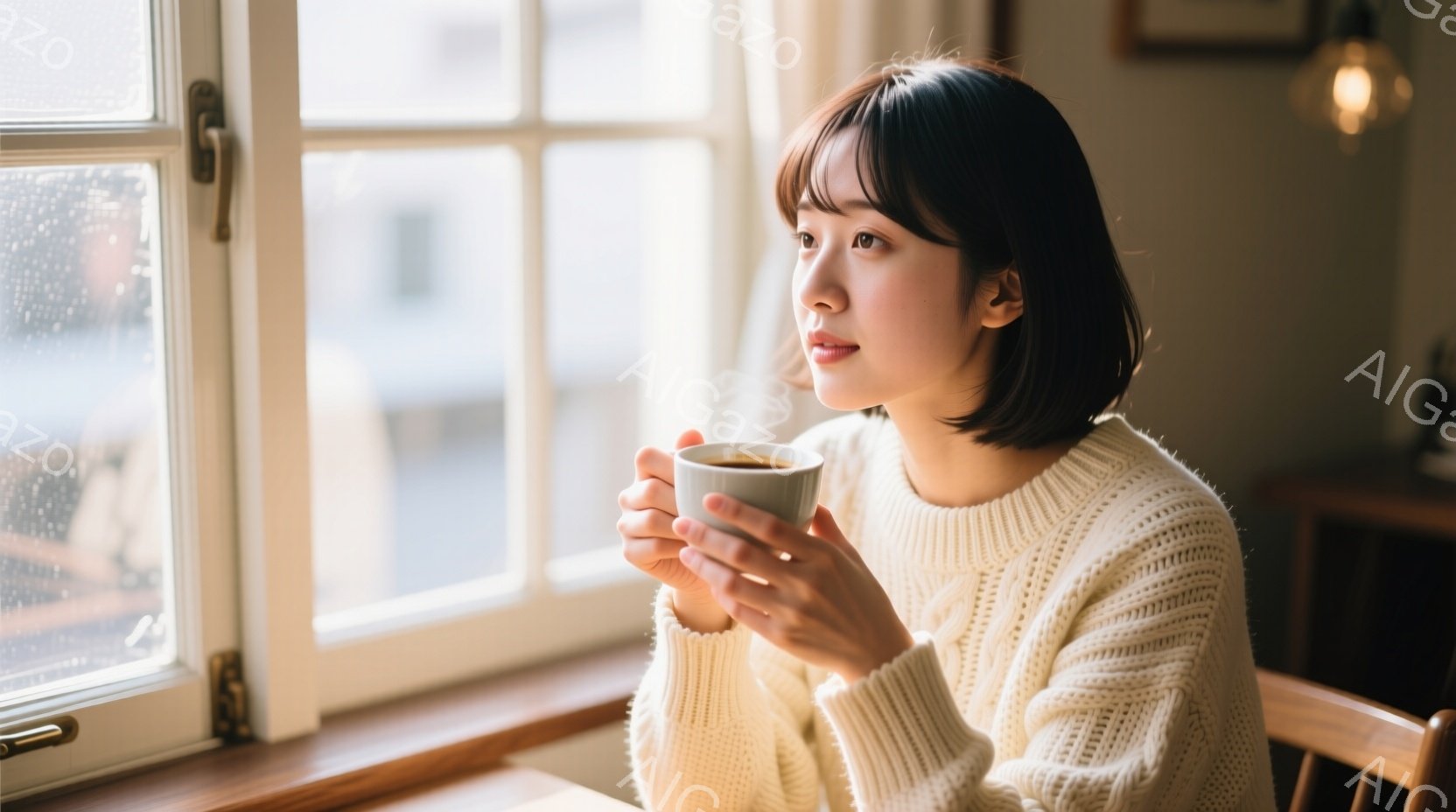 窓辺に座る若い女性が、温かい飲み物を両手で抱えて楽しんでいる様子が描かれています。彼女はクリーム色のケーブルニットを着ており、短めのダークヘアは肩にかかっています。窓の外にはぼやけた街並みが見え、雨が降っているようで、全体的に穏やかでリラックスした雰囲気が漂っています。