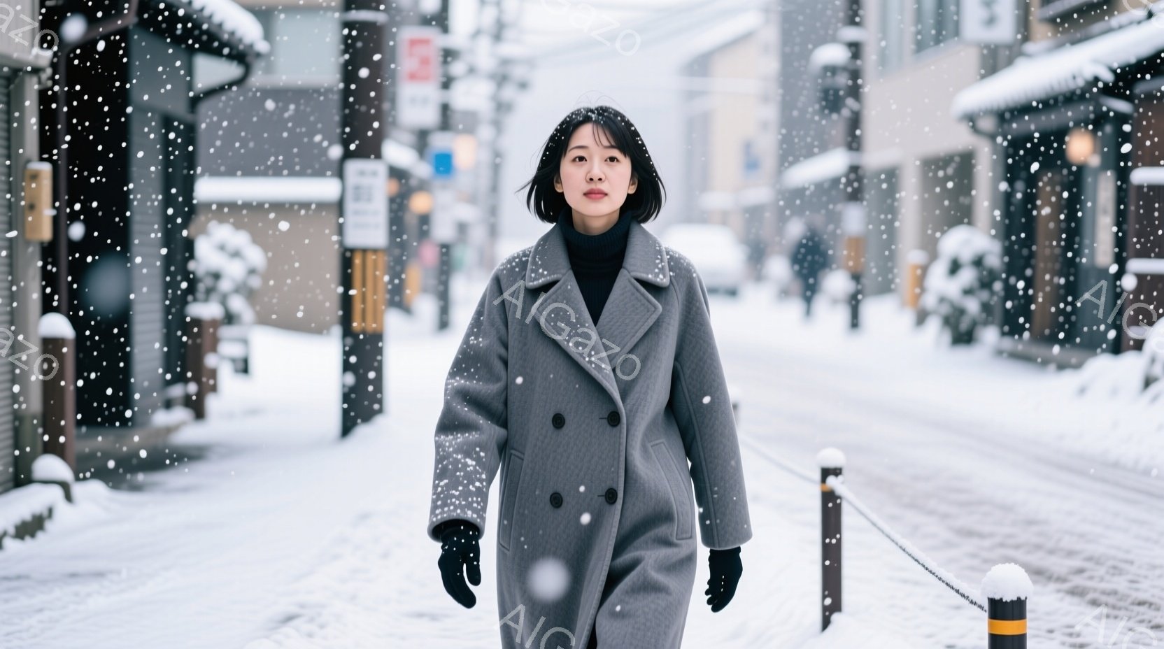 雪が降る中、黒髪の女性がグレーのコートを着て、まっすぐカメラに向かって歩いている。彼女は黒い手袋を着用し、表情は穏やかで、どこか憂いを帯びているように見える。背景には、伝統的な建物が並び、雪景色が広がり、冬の静寂さと少しの寂しさが感じられる。