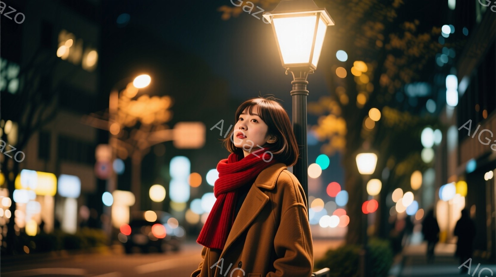 明るい街灯の下に立つ女性は、キャメル色のコートと鮮やかな赤いマフラーを身につけ、少し上を見つめている。彼女はダークブラウンのボブヘアで、穏やかで物憂げな表情をしている。背景には、夜の街並みとぼやけた人 - AI生成フリー素材