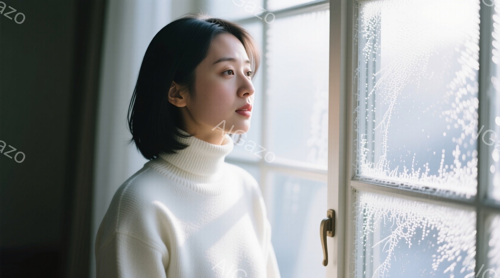 黒髪の女性が窓辺に立っており、白いハイネックセーターを着ています。彼女はわずかに内側を見つめ、落ち着いた、思慮深い表情をしています。窓ガラスには霜が降りており、全体的に静かで穏やかな雰囲気を醸し出しています。