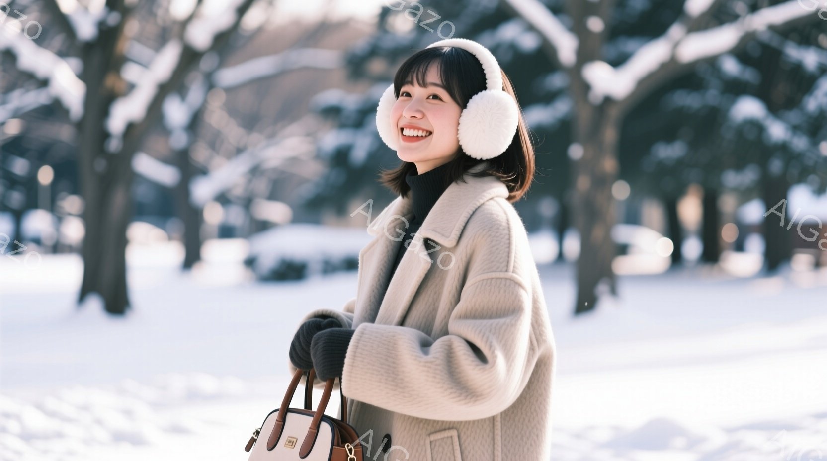明るい笑顔を見せる若い女性が、雪景色の中で描かれている。オフホワイトのオーバーサイズのコート、耳あて、そして黒い手袋を着用し、肩にかけて茶色のハンドバッグを持っている。背景には雪で覆われた木々と白い雪景色が広がり、冬の暖かく穏やかな雰囲気を醸し出している。