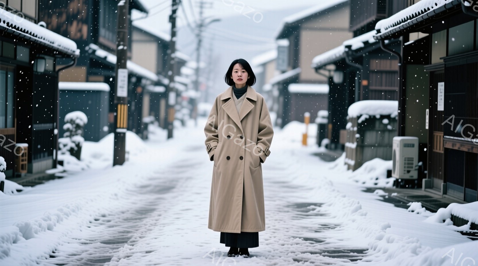 長いベージュ色のコートを着た女性が、雪に覆われた古い街並みの真ん中に立っている。彼女は黒髪で、表情は穏やかで落ち着いている。背景には伝統的な木造建築が並び、雪が降り積もっている様子から冬の静寂な雰囲気が漂っている。