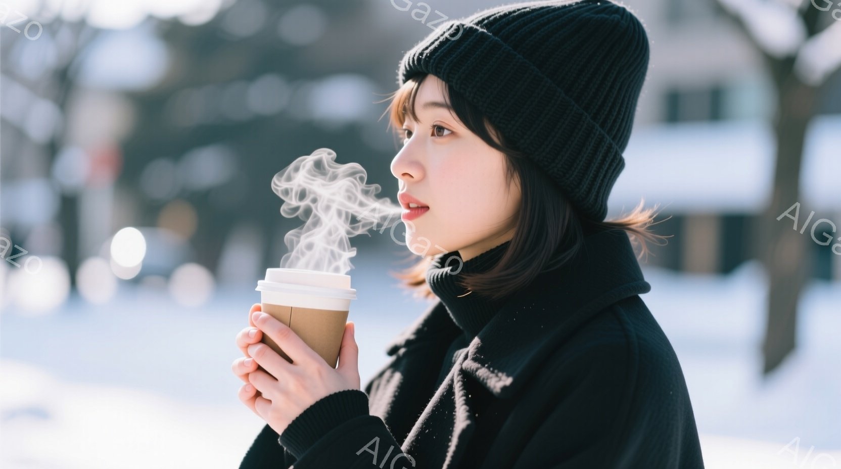 黒いニット帽と襟付きのコートを着た若い女性が、湯気が立ち上る紙コップの飲み物を飲んでいます。彼女は横顔で、少し微笑んでいるような表情をしており、冬の穏やかな午後のような、静かで穏やかな雰囲気が漂っています。背景にはぼやけた建物と雪景色が見られ、冬の寒さを感じさせます。