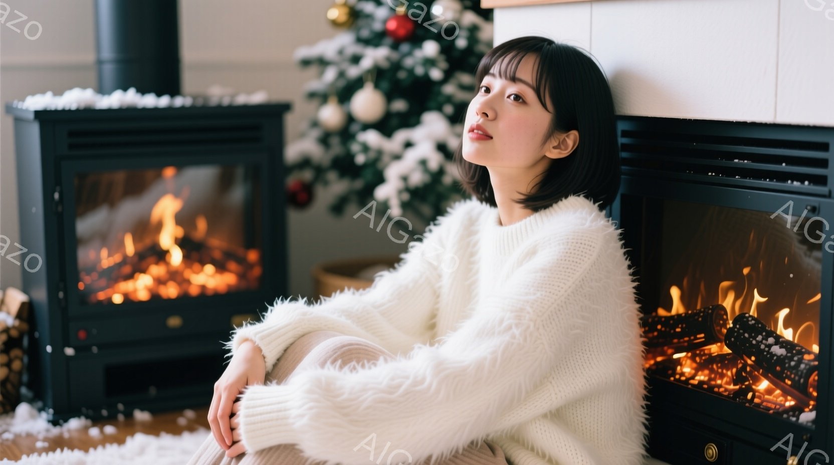暖炉のそばに座る女性が写っています。彼女はふわふわとした白いセーターを着ており、黒髪のボブスタイルです。少し微笑んでおり、リラックスした雰囲気で、背景にはクリスマスツリーと暖炉の火が見えます。
