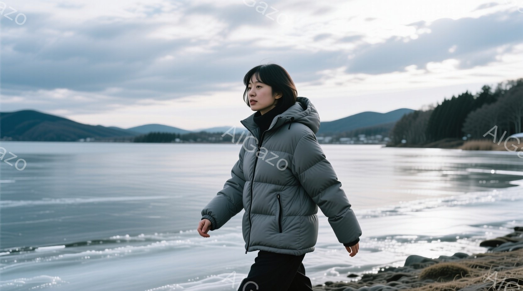 若い女性が、灰色のパフィージャケットと黒いズボンを身につけ、湖のほとりを歩いている。彼女は髪を耳にかけるようにまとめ、横顔で少し憂いを帯びた表情をしている。背景には、曇り空の下、雪に覆われた山々と凍った湖面が広がり、静かで寂しげな雰囲気を醸し出している。