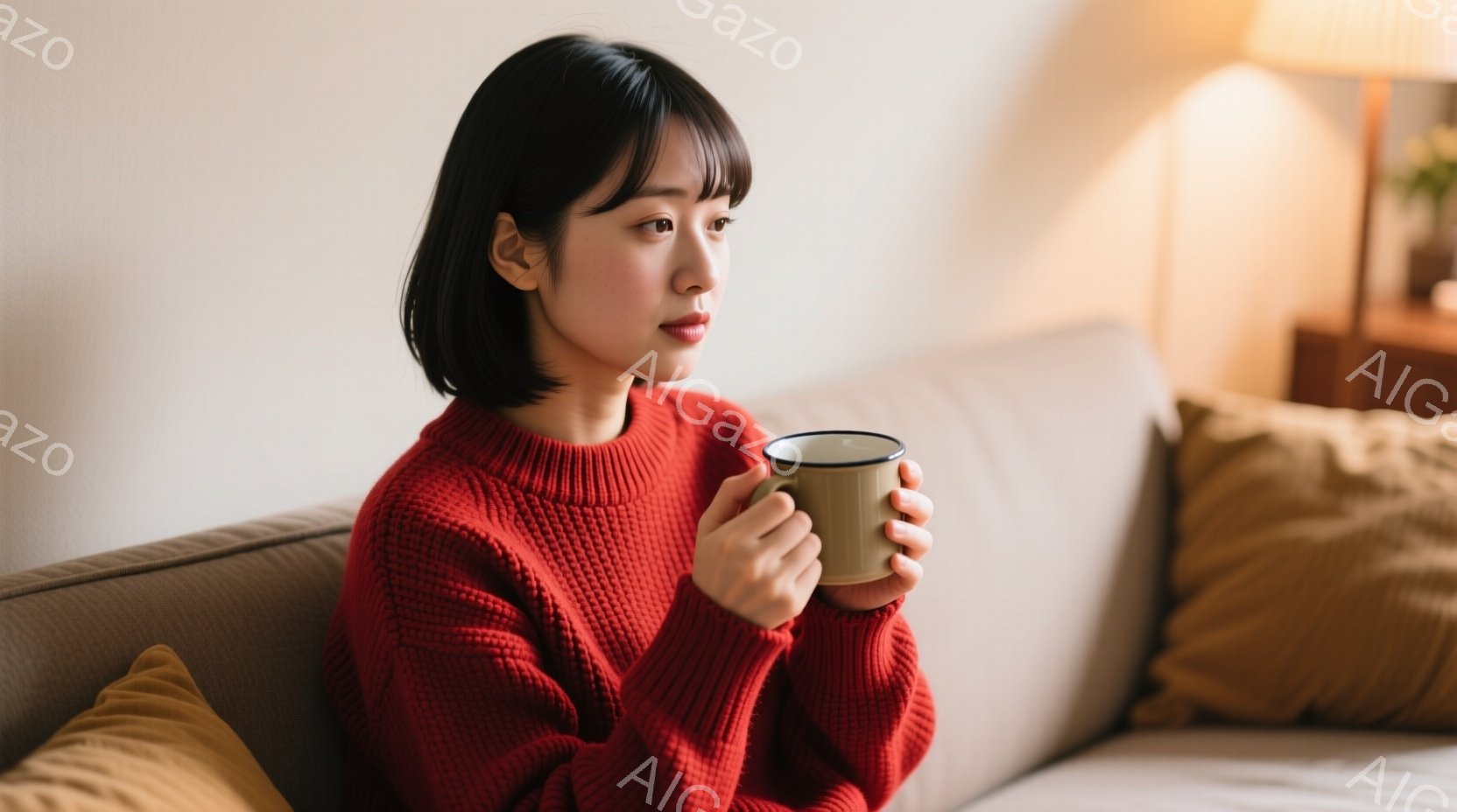 赤いニットセーターを着た若い女性が、ベージュ色のソファに座ってマグカップを持っています。彼女は黒髪のショートヘアで、少し物憂げな表情で遠くを見つめています。背景には木製の家具が見え、室内は暖色系の照明で柔らかく照らされており、穏やかでリラックスした雰囲気です。