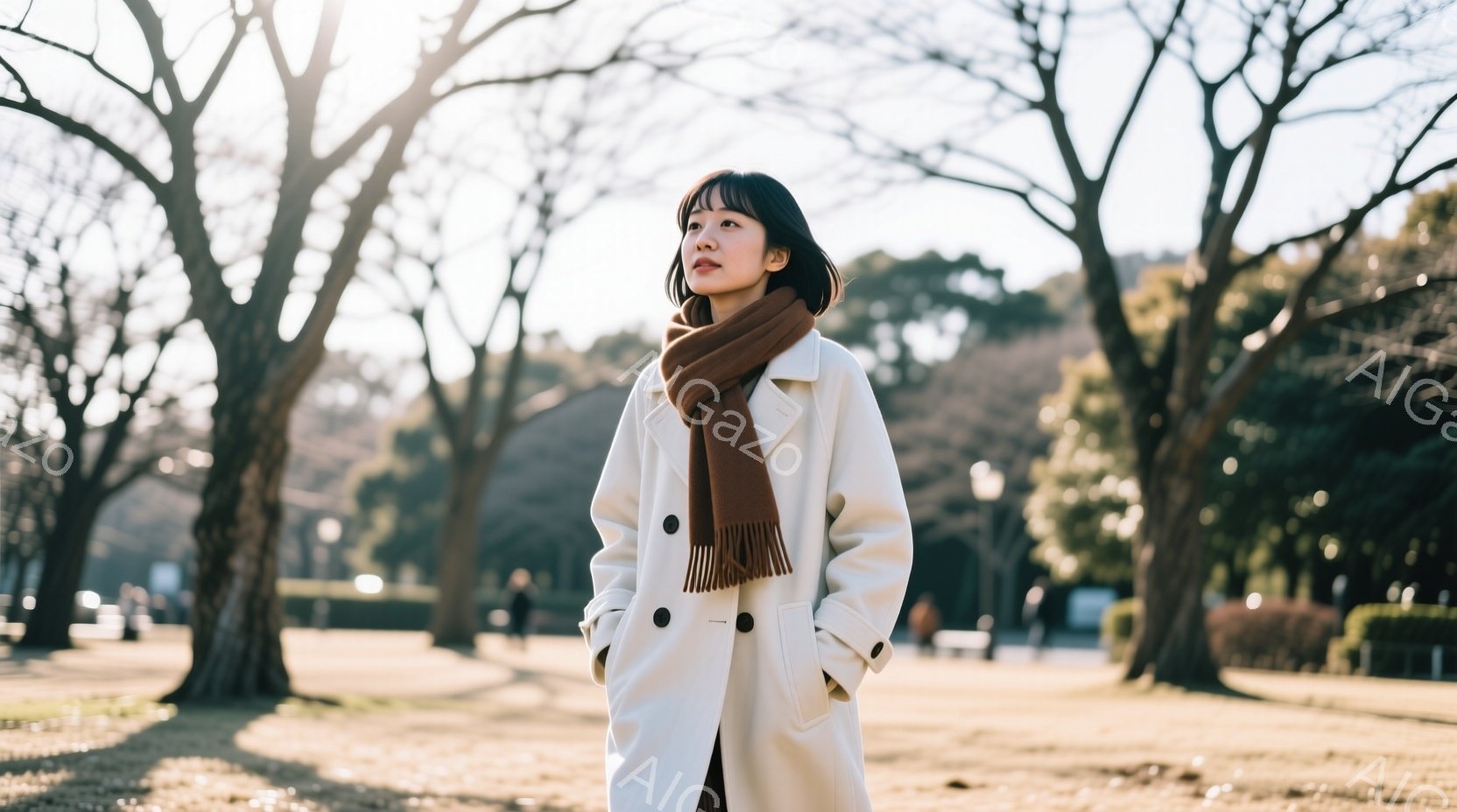 浅い茶色のフリンジ付きスカーフと白いロングコートを着た若い女性が、公園で上を見ている。彼女は黒髪で、前髪は眉毛にかかる長さで、表情は穏やかでどこか憂いを帯びている。背景には、裸木の並木道とぼんやりと見える建物があり、柔らかい光が差し込み、春の穏やかな一日を思わせる。