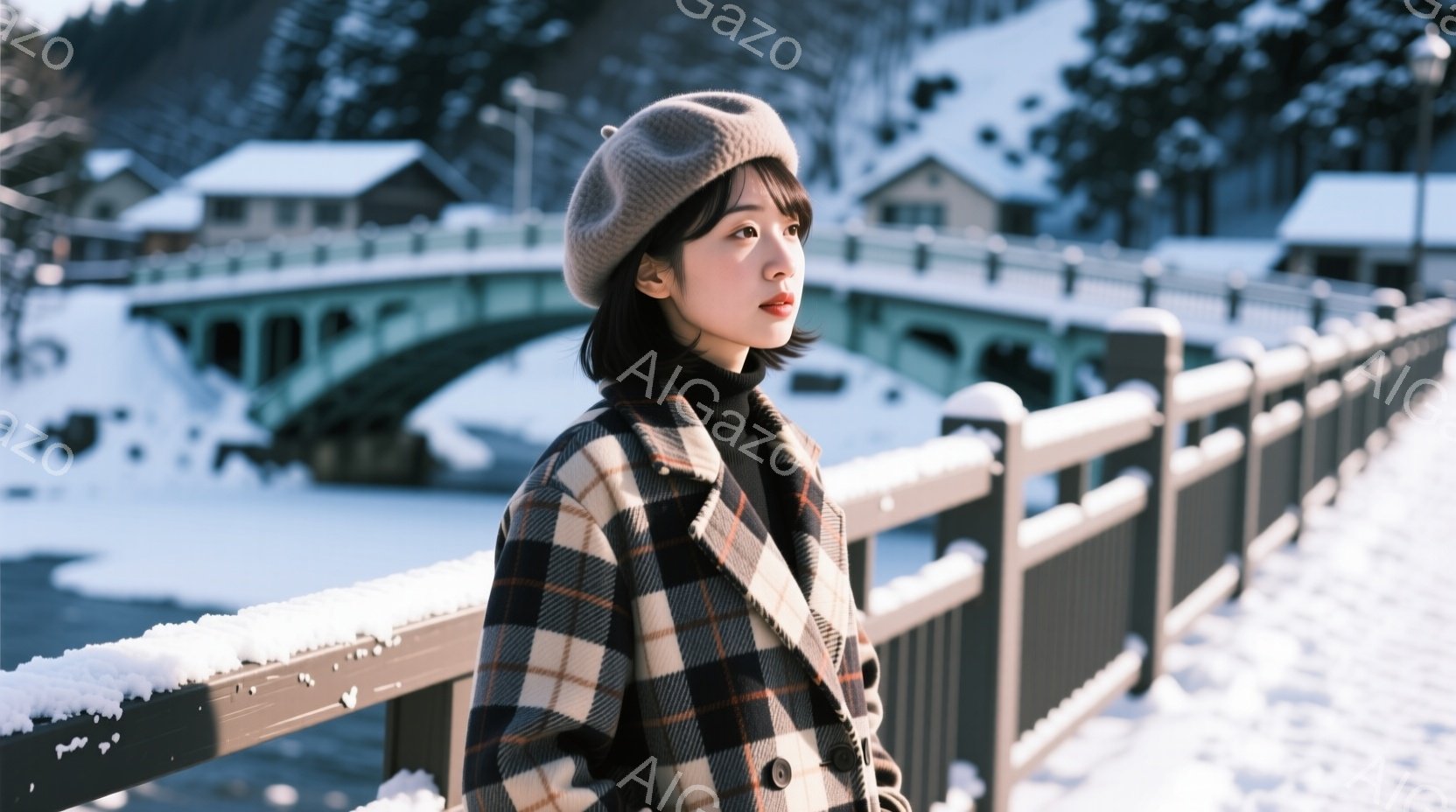 チェック柄のコートと黒のタートルネックを着た若い女性が、雪の降る橋の上でポーズをとっています。彼女はベレー帽をかぶり、少し微笑み、遠くを見つめています。背景には雪景色と、屋根に雪が積もった建物が見え、冬の静かで穏やかな雰囲気が漂っています。