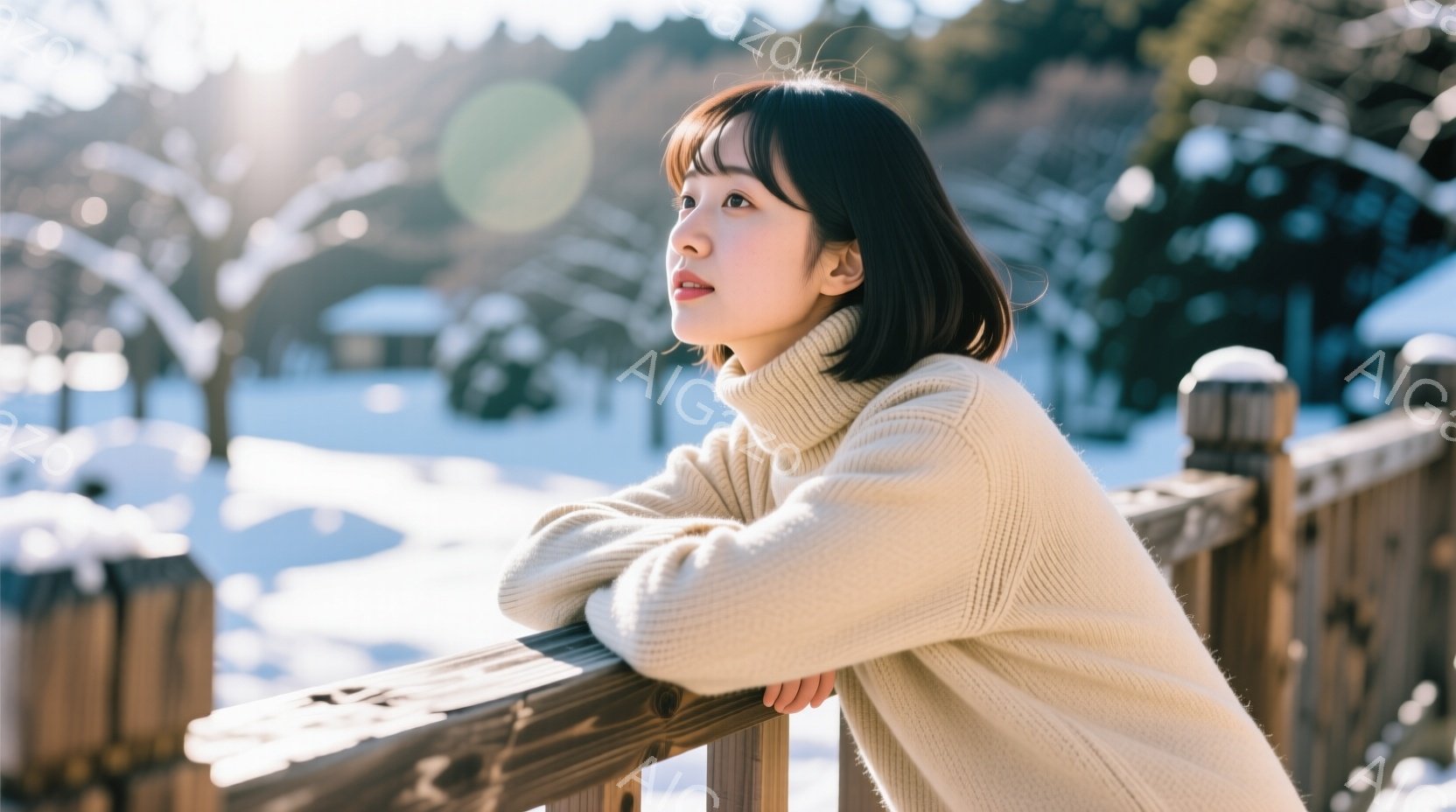 短いボブヘアの女性が、クリーム色のタートルネックセーターを着て、木の柵にもたれかかっています。彼女は少し上目線で遠くを見つめ、穏やかな表情を浮かべています。背景は雪景色で、木々や建物がぼんやりと見え、全体的に静かで平和な雰囲気が漂っています。