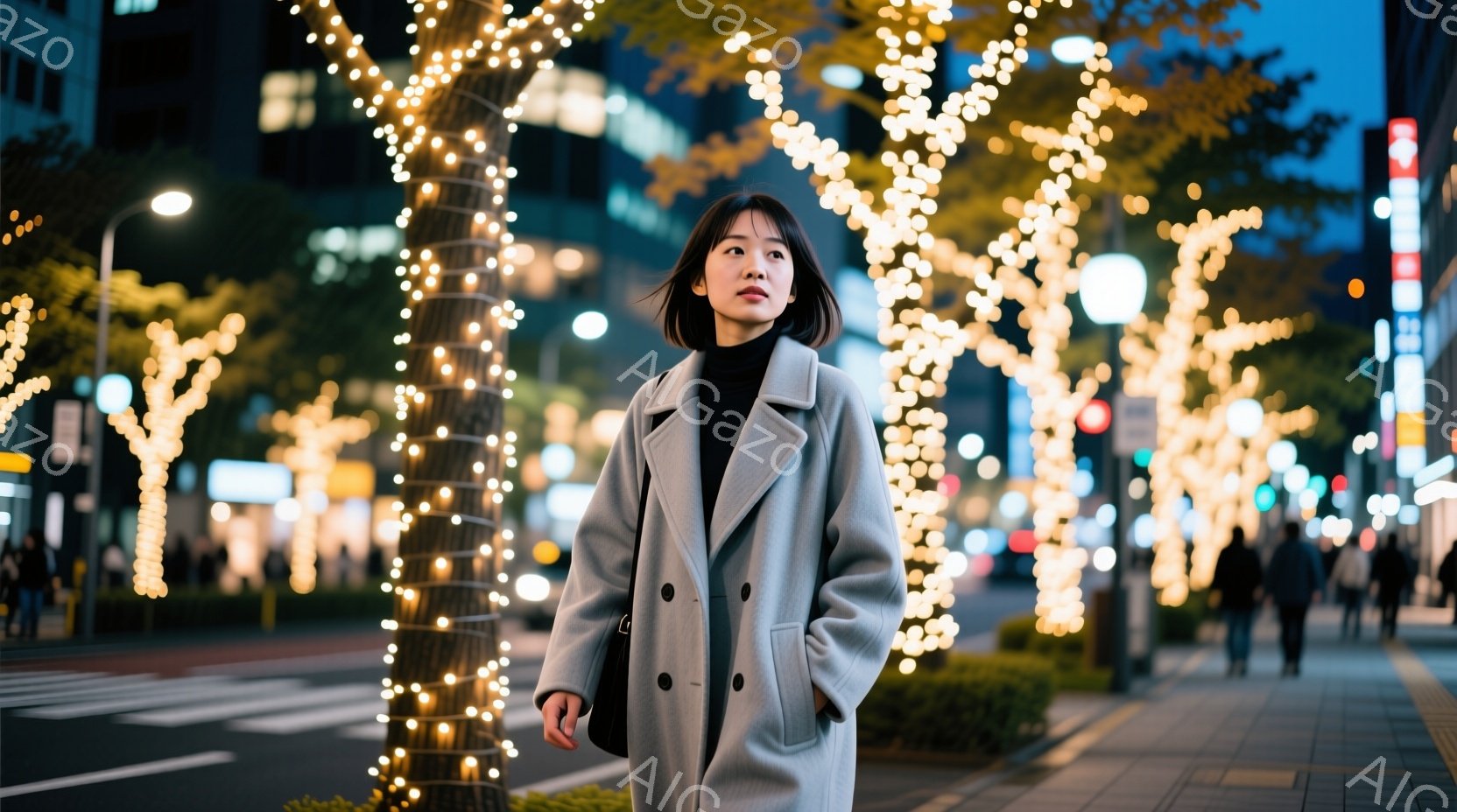 若い女性が、イルミネーションで飾られた街路を歩いている。グレーのロングコートを羽織り、ダークトーンの髪を肩にかける彼女は、少し上を見つめ、物憂げな表情をしている。背景には高層ビルと、ぼやけた歩行者、そして夜の街並みが広がり、冬の静かで幻想的な雰囲気を醸し出している。