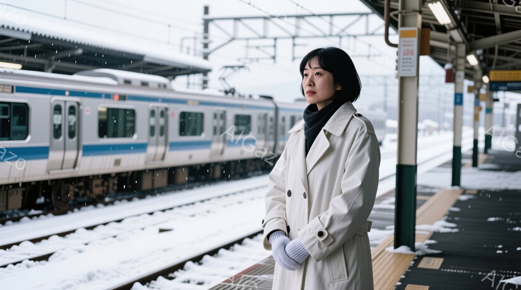 雪が降る駅のホームに立つ女性が写っています。彼女は白いロングコート、黒いマフラー、そしてグレーの手袋を着用し、短くダークなヘアスタイルをしています。遠くには雪に覆われた線路と電車が見え、寂しげで落ち着いた雰囲気が漂っています。