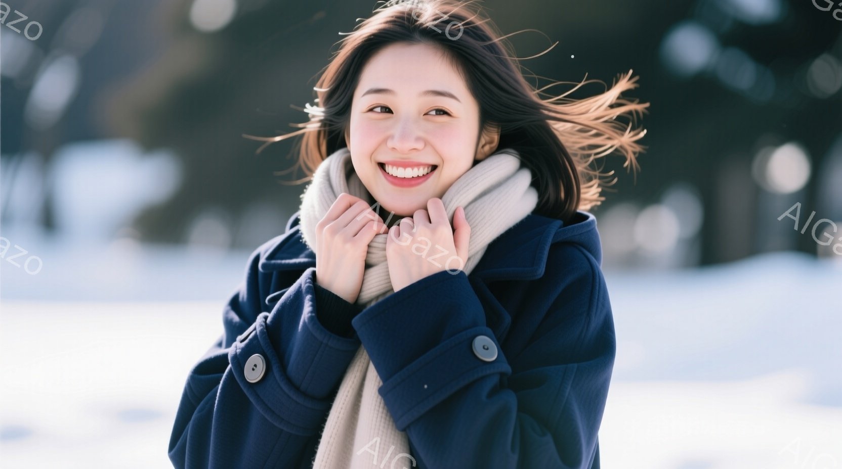 長い髪を風になびかせ、紺色のコートと白いマフラーを身につけた女性が写っています。彼女は微笑んでおり、暖かく幸せな雰囲気を醸し出しています。背景は雪景色で、冬の日の穏やかな瞬間を捉えています。