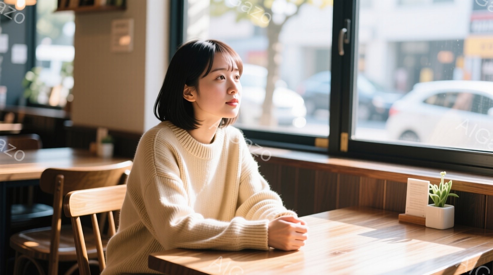 明るいクリーム色のセーターを着た若い女性が、木のテーブルに向かって座っています。彼女は少し憂いを含んだ表情で、窓の外を見つめており、髪は短くダークブラウンで、少しカールしています。背景には、ぼやけた街並みと窓から差し込む自然光があり、カフェのような落ち着いた雰囲気を醸し出しています。