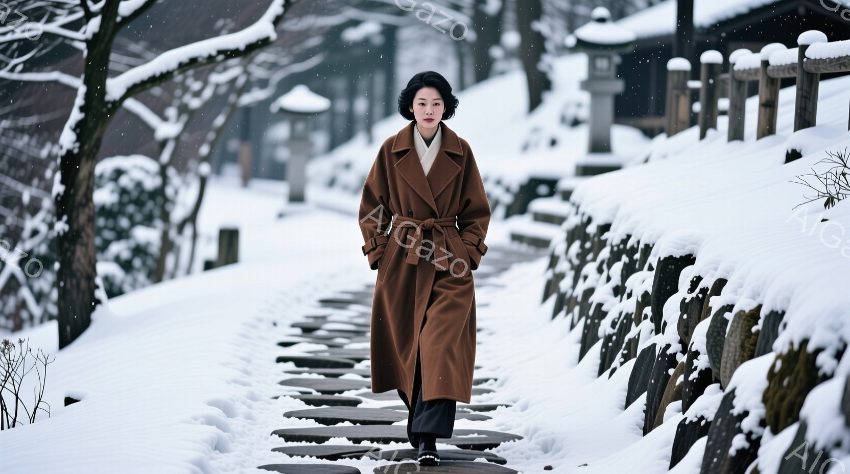 茶色のロングコートを着た女性が、雪に覆われた石畳の道を歩いている。彼女は黒髪を後ろでまとめ、表情は穏やかで、どこか物憂げだ。背景には、雪景色の中に石垣と伝統的な建物が見え、冬の静寂と落ち着いた雰囲気が漂っている。