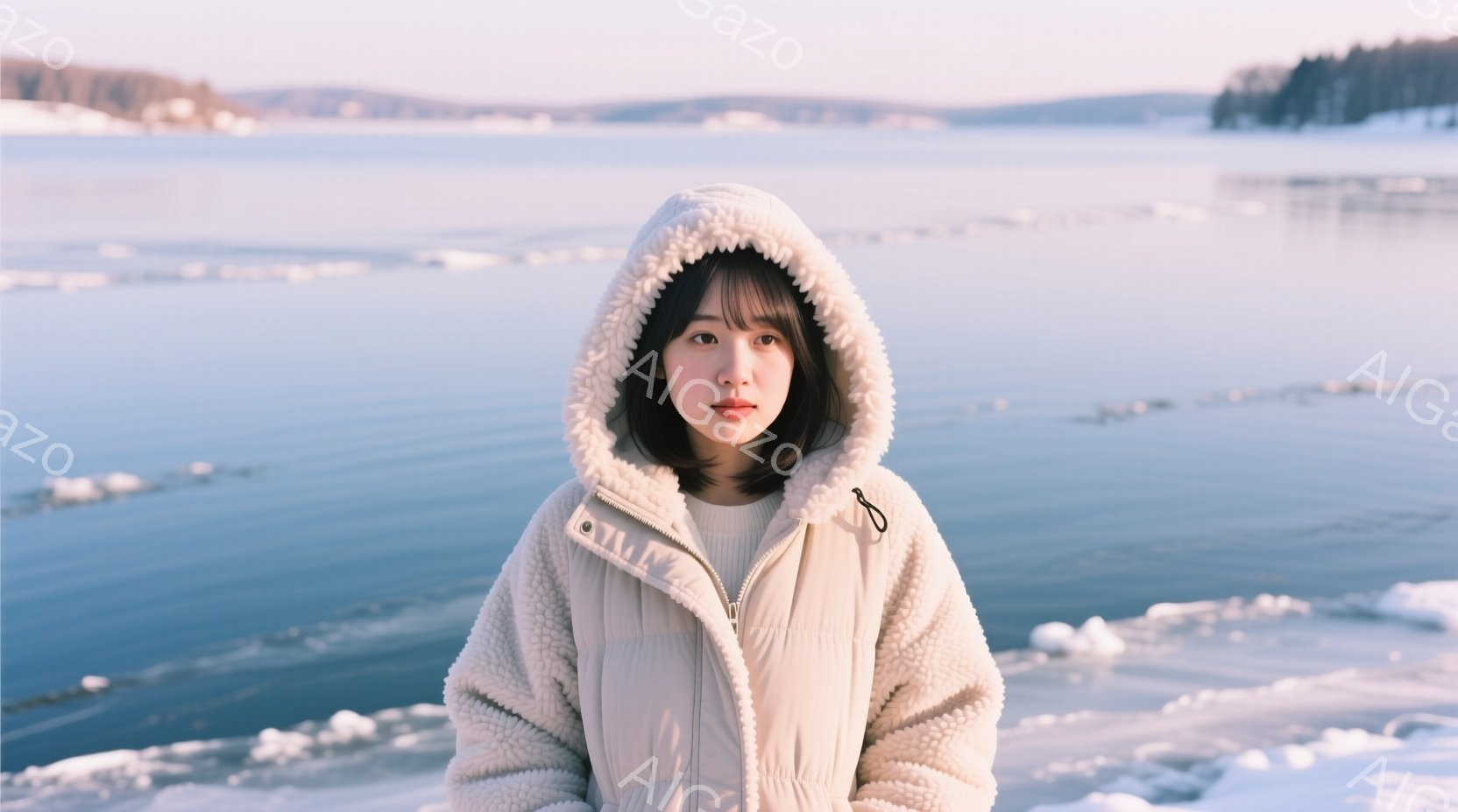 若い女性が、オフホワイトのフリースジャケットとクリーム色のセーターを着て、凍った湖のほとりに立っている。彼女は黒髪のボブヘアで、少し憂いを帯びた表情をしている。背景には、雪に覆われた山々と凍った湖が広がり、冬の静寂な雰囲気を醸し出している。