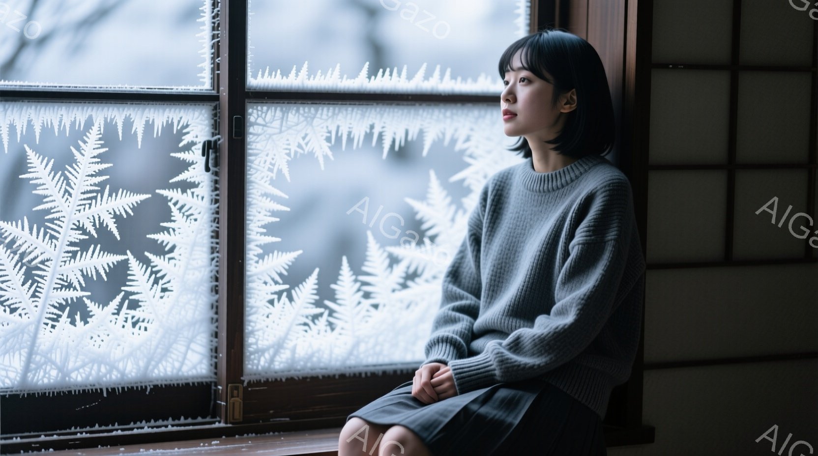 ショートカットの女性が、霜で覆われた窓際に座っている。彼女はグレーのセーターとスカートを着用し、わずかに物憂げな表情で外を見つめている。背景は日本の伝統的な窓枠で、冬の冷たい空気が漂う静かな情景が描かれている。