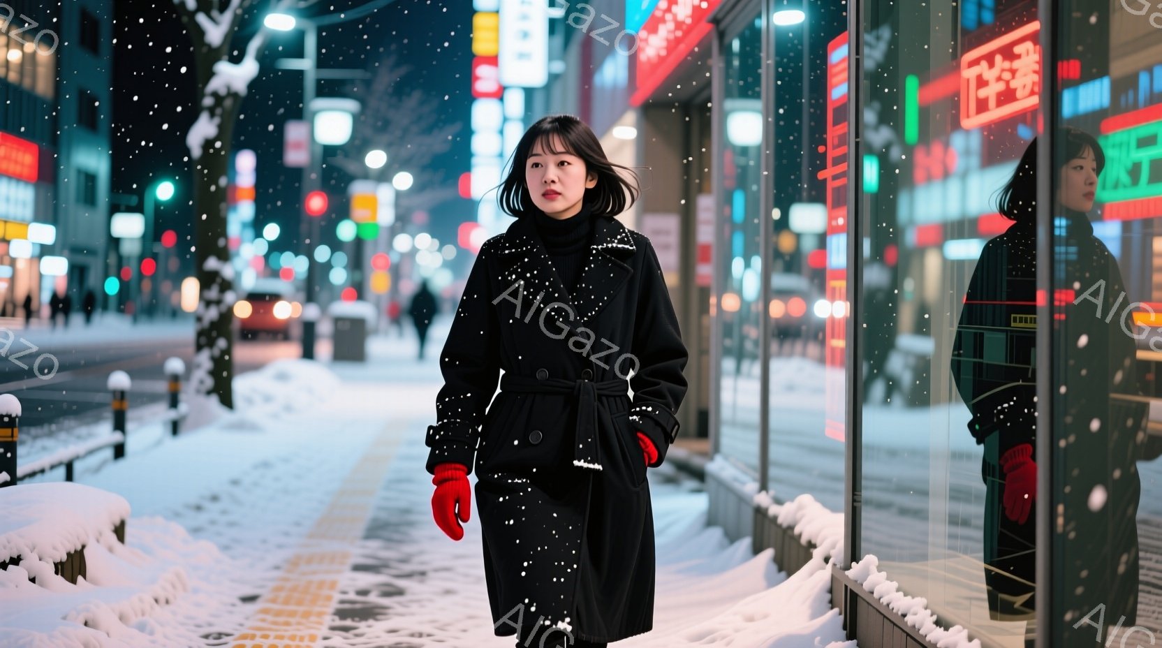 雪が降る夜の街並みを背景に、黒いコートと赤い手袋を身につけた女性が立っている。彼女は黒髪で、少し憂いを帯びた表情で正面を見つめている。背景にはネオンサインが輝き、雪景色と相まって、どこか寂しげでノスタルジックな雰囲気を醸し出している。