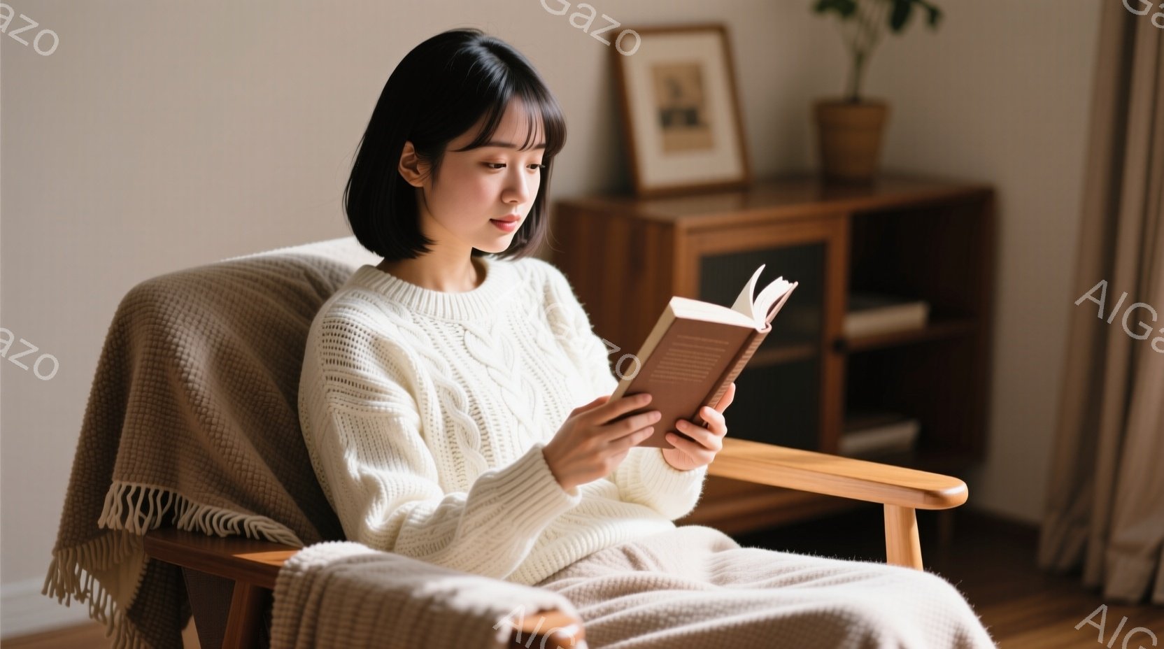 浅い栗色の髪を肩につけた女性が、クリーム色のざっくりとしたニットを着て、木製の椅子に座り、本を読んでいます。彼女はリラックスした表情で、穏やかな光が差し込む部屋でゆったりと時間を過ごしているようです。背景には木製の棚と植物が見え、暖かく落ち着いた雰囲気です。