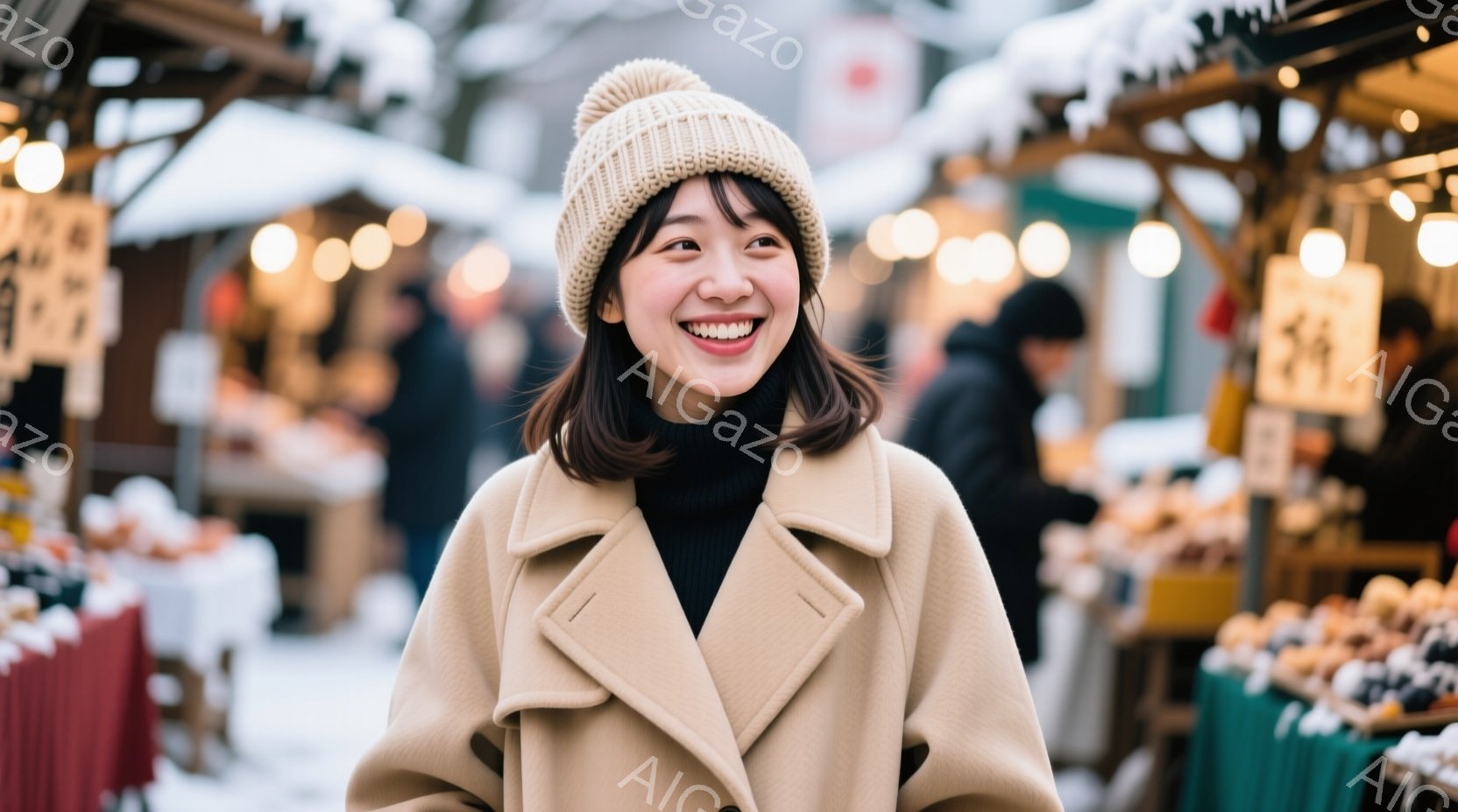 浅い茶色のコートと黒いタートルネックを着た若い女性が、カメラに向かって笑顔でこちらを見ている。彼女はベージュ色のニット帽をかぶり、髪は肩の長さで少しカールしている。背景には屋台が並び、ぼやけた人影も見え、冬の屋外イベントのような雰囲気で、雪が降っている様子も伺える。