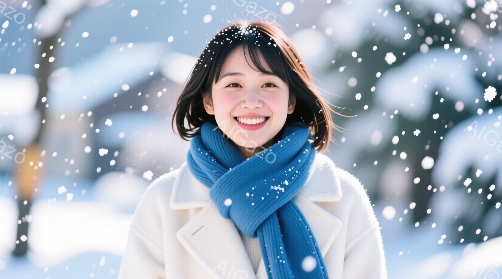 彼女は白いコートと青いマフラーを身に着け、雪の中で微笑んでいます。短くダークブラウンのヘアスタイルで、顔には明るい笑顔が広がっています。背景には雪景色が広がり、白い建物や木々が見え、全体的に暖かく穏やかな冬の雰囲気を醸し出しています。