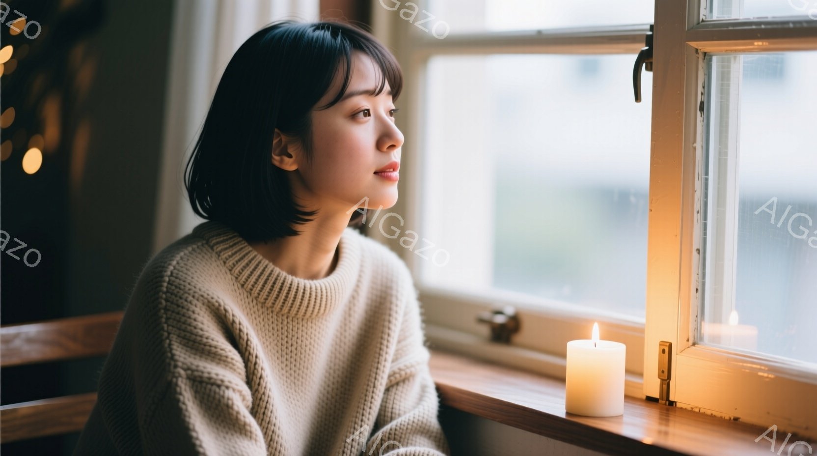 ショートカットの女性が窓辺に座り、外を見つめている。ベージュのざっくりとしたニットを着ており、表情は穏やかで物思いにふけっているようだ。窓の外はぼやけており、暖かく静かな雰囲気を醸し出している。