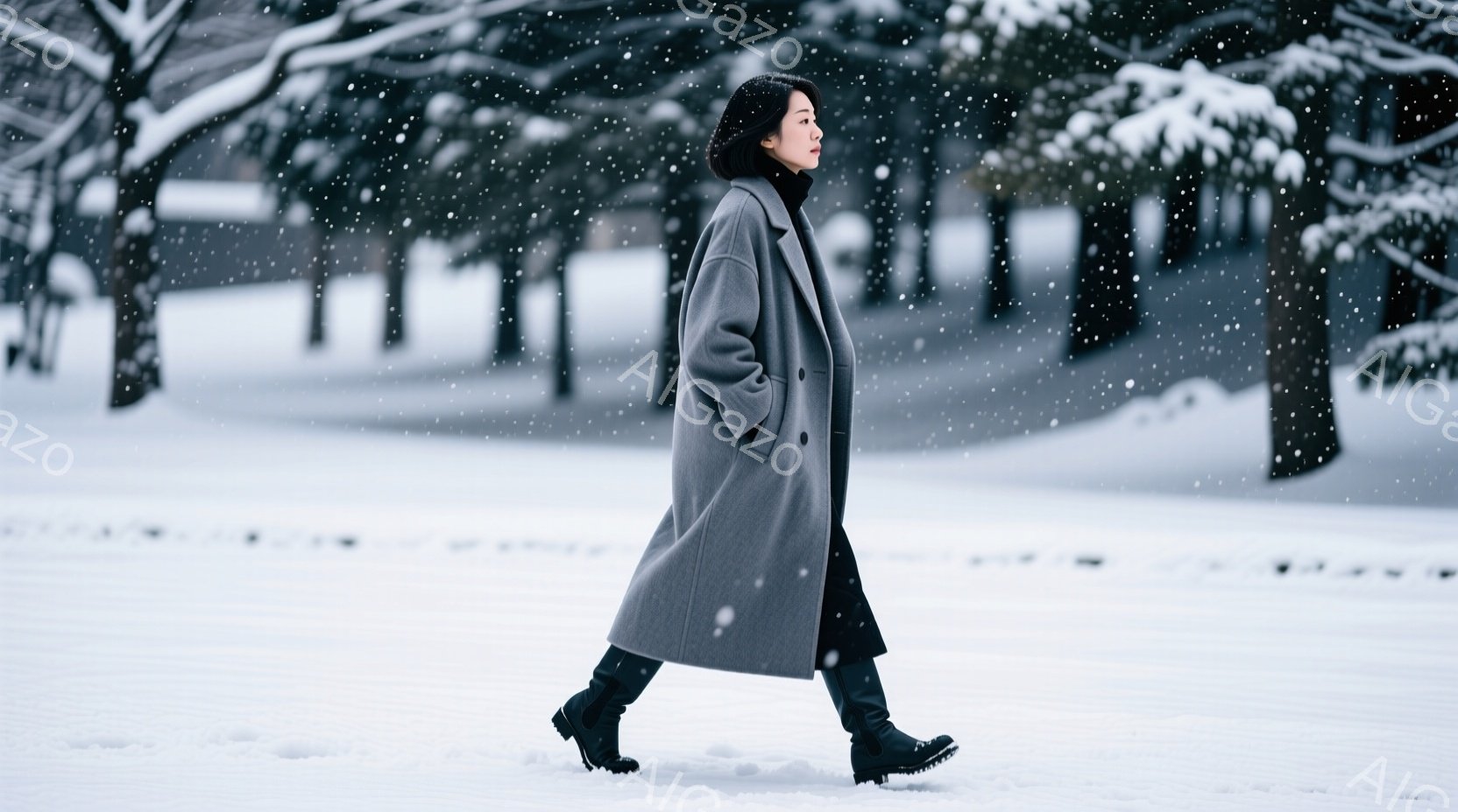 灰色のオーバーコートと黒いブーツを身につけた女性が、雪の中を歩いている。彼女は黒髪で、横から見ると表情は読み取れないが、姿勢は自然で、冬の静寂な風景の中に溶け込んでいる。背景は雪で覆われた木々で、穏やかな雪が降っており、全体的に静かで落ち着いた雰囲気を醸し出している。