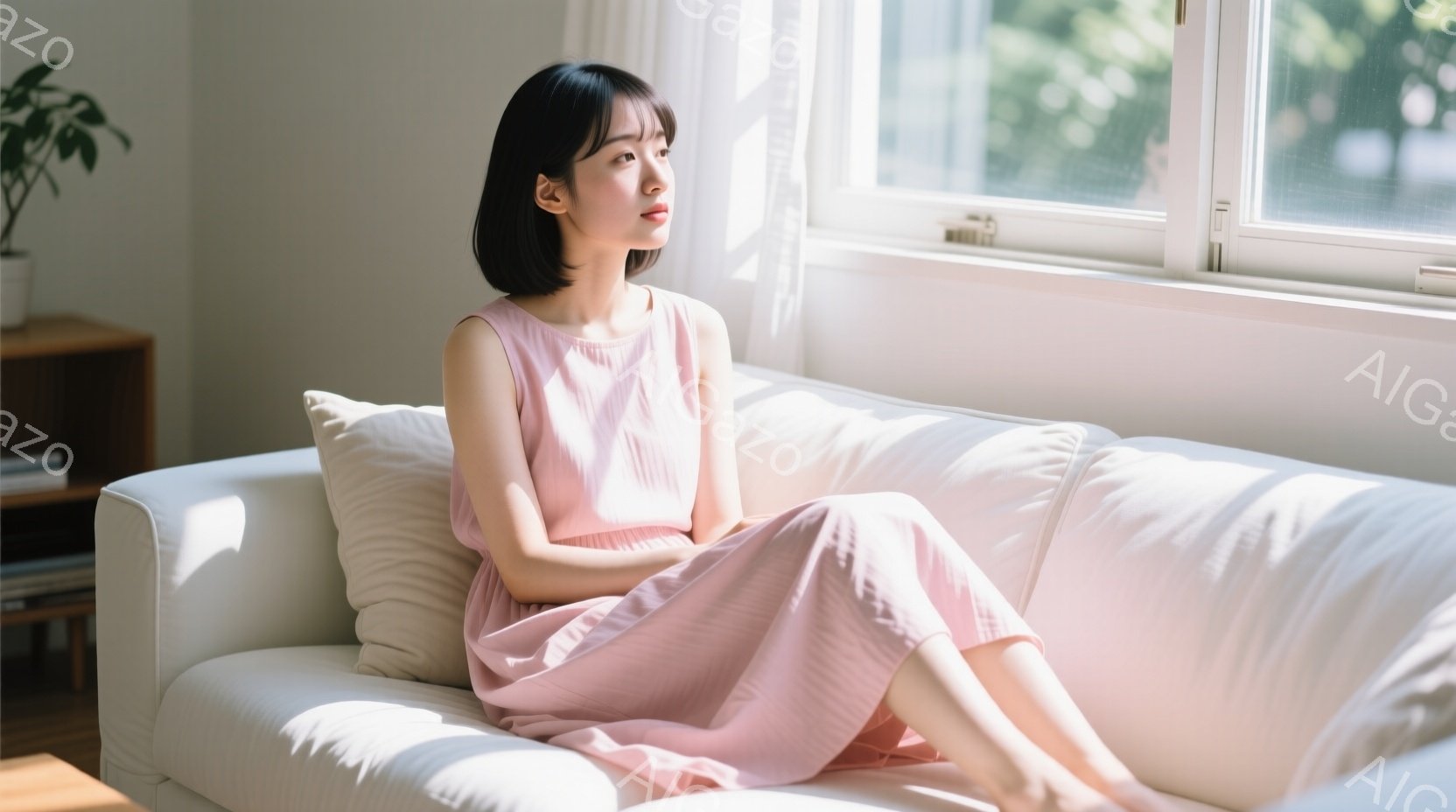 淡いピンク色のワンピースを着た女性が、白いソファーに座ってリラックスした様子で遠くを見つめています。彼女は黒髪のショートボブで、穏やかな表情をしています。背景には窓から差し込む光と、ぼんやりと見える木 - AI生成フリー素材