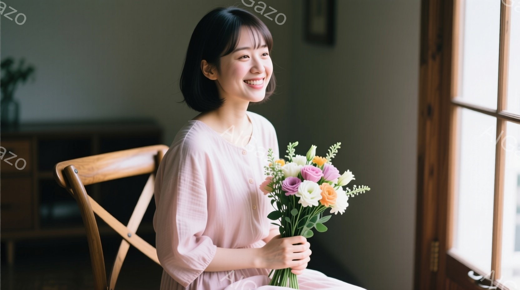 柔らかいピンク色のワンピースを着た女性が、窓辺の椅子に座り、鮮やかな花束を抱えています。彼女は微笑んでおり、リラックスした穏やかな表情を浮かべています。背景には木製の家具が見え、暖かく柔らかな光が差し - AI生成フリー素材