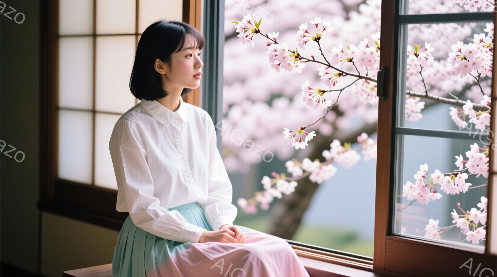 黒髪の短い女性が窓辺に座り、優しい表情で外を眺めている。白いブラウスと淡い緑色のスカートを身に着け、リラックスした姿勢で膝を揃えている。背景には桜の枝が咲き誇り、柔らかい光が差し込み、春の穏やかな雰囲 - AI生成フリー素材