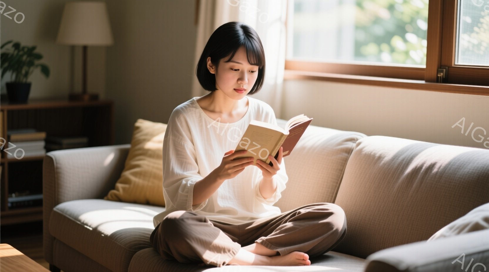 明るい室内で、女性がソファに足を組んで座り、本を読んでいます。彼女は白い長袖シャツとベージュ色のパンツを着用し、短いダークブラウンのヘアスタイルです。背景には木製の棚と植物があり、窓から差し込む光が穏やかな雰囲気を醸し出しています。