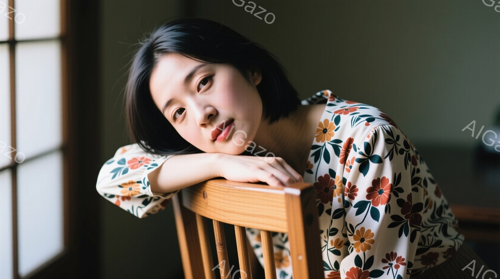 モデルは、オフホワイトを基調とした花柄のブラウスを着て、木製の椅子の背もたれに肘をついて座っています。彼女は短い黒髪で、少し微笑んでおり、穏やかでリラックスした表情をしています。背景はぼかされており、日本の伝統的な部屋の一部が垣間見えますが、全体的に柔らかく温かい雰囲気です。